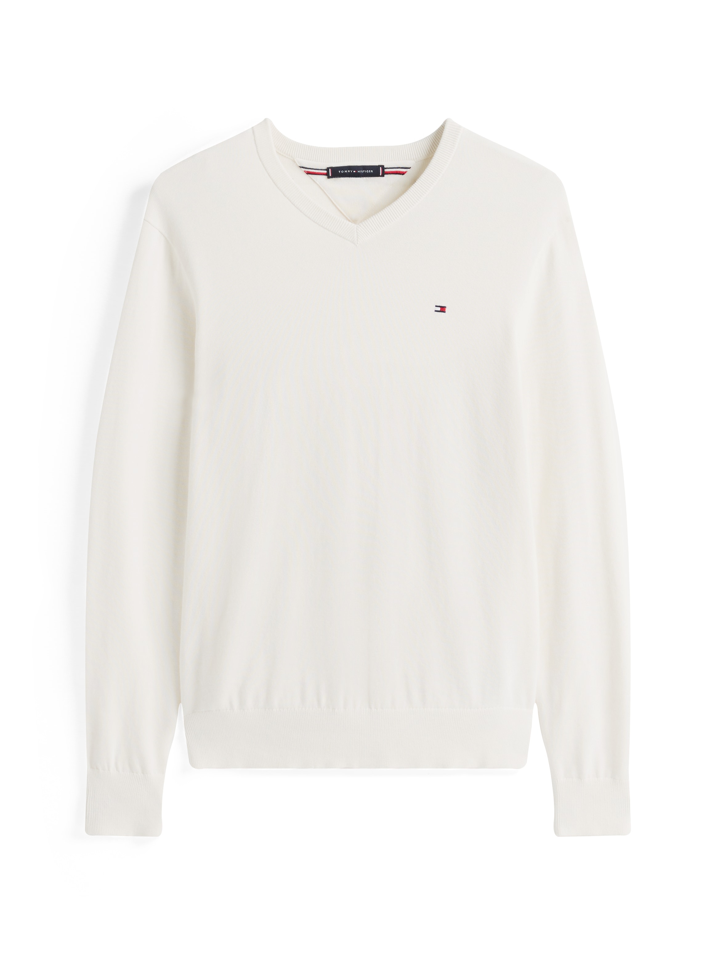 Tommy Hilfiger Strickpullover »ESSENTIAL COTTON V NECK mit V-Ausschnitt und Stickerei« unifarben, casual, regular fit, Baumwolle, V-Ausschnitt