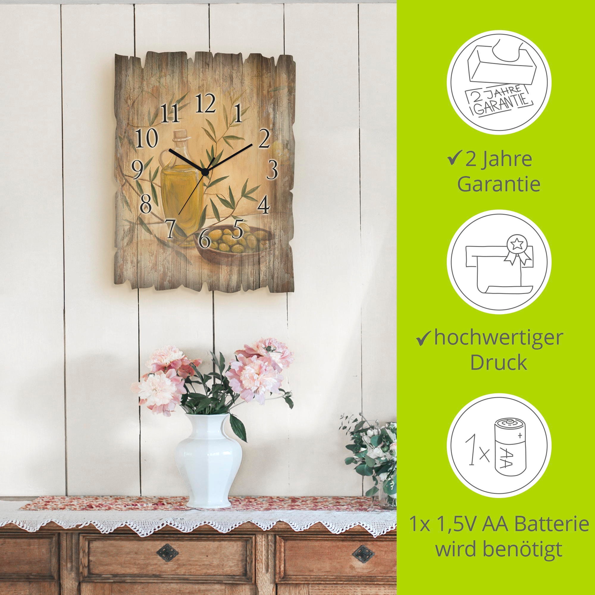 Artland Wanduhr »Oliven und Zitronen« wahlweise mit Quarz- oder Funkuhrwerk, lautlos ohne Tickgeräusche