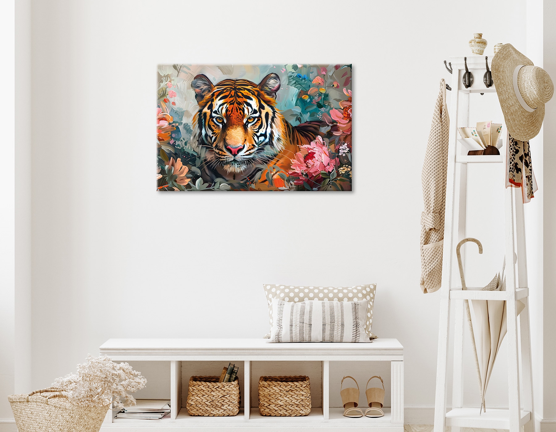 Bönninghoff Tableau sur toile »Wandbild TIGER GEMÄLDE 60x90 cm – Leinwandbild Keilrahmen Deko modern« Animaux | Fleurs | Félins | Images de fleurs | Tigre 1 cuis tlg. tendu sur châssis