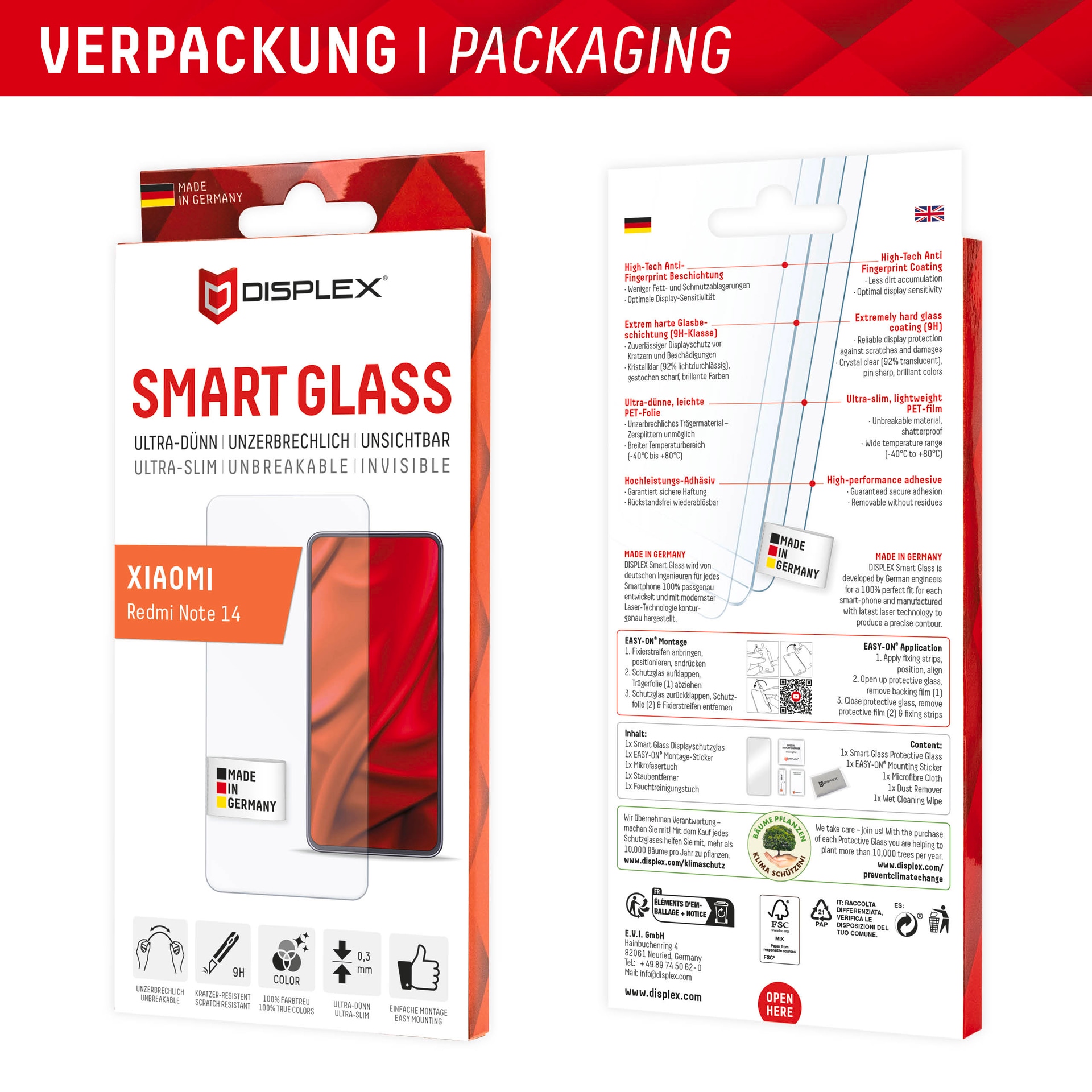 Displex Verre de protection d'écran »Smart Glass Screen Protection - ultra-dünn, unzerbrechlich, unsichtbar« für Xiaomi Redmi Note 14 Displayschutzfolie, Schutzfolie, Bildschirmschutz, kratz- & stossfest