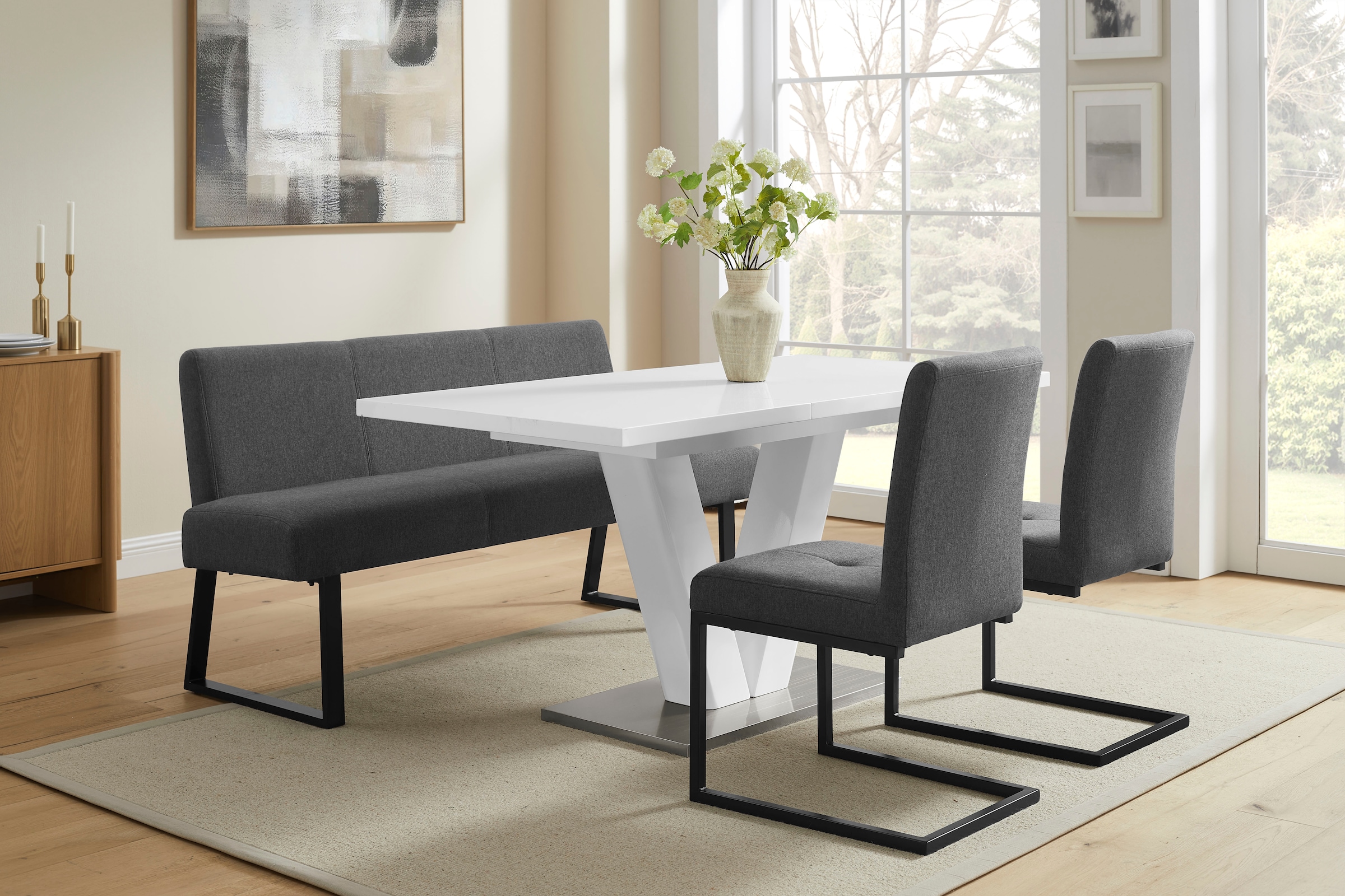 GOODproduct Ensemble de salle à manger »Gellina« Ensemble, 4 tlg. ausziehbarer Esstisch, Freischwinger, Sitzbank mit Rückenlehne
