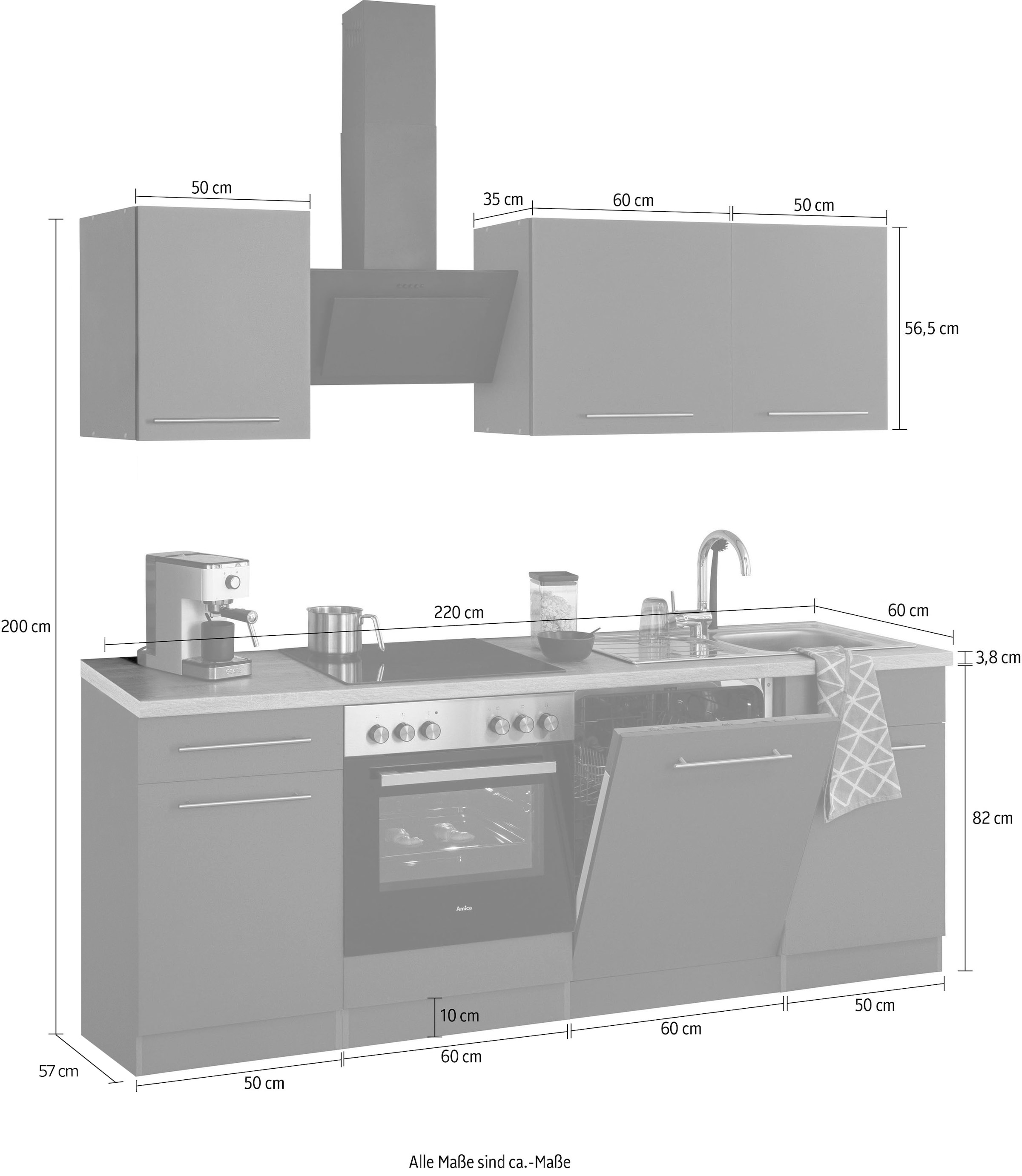 wiho Küchen Küchenzeile »Unna« ohne E-Geräte, Breite 220 cm