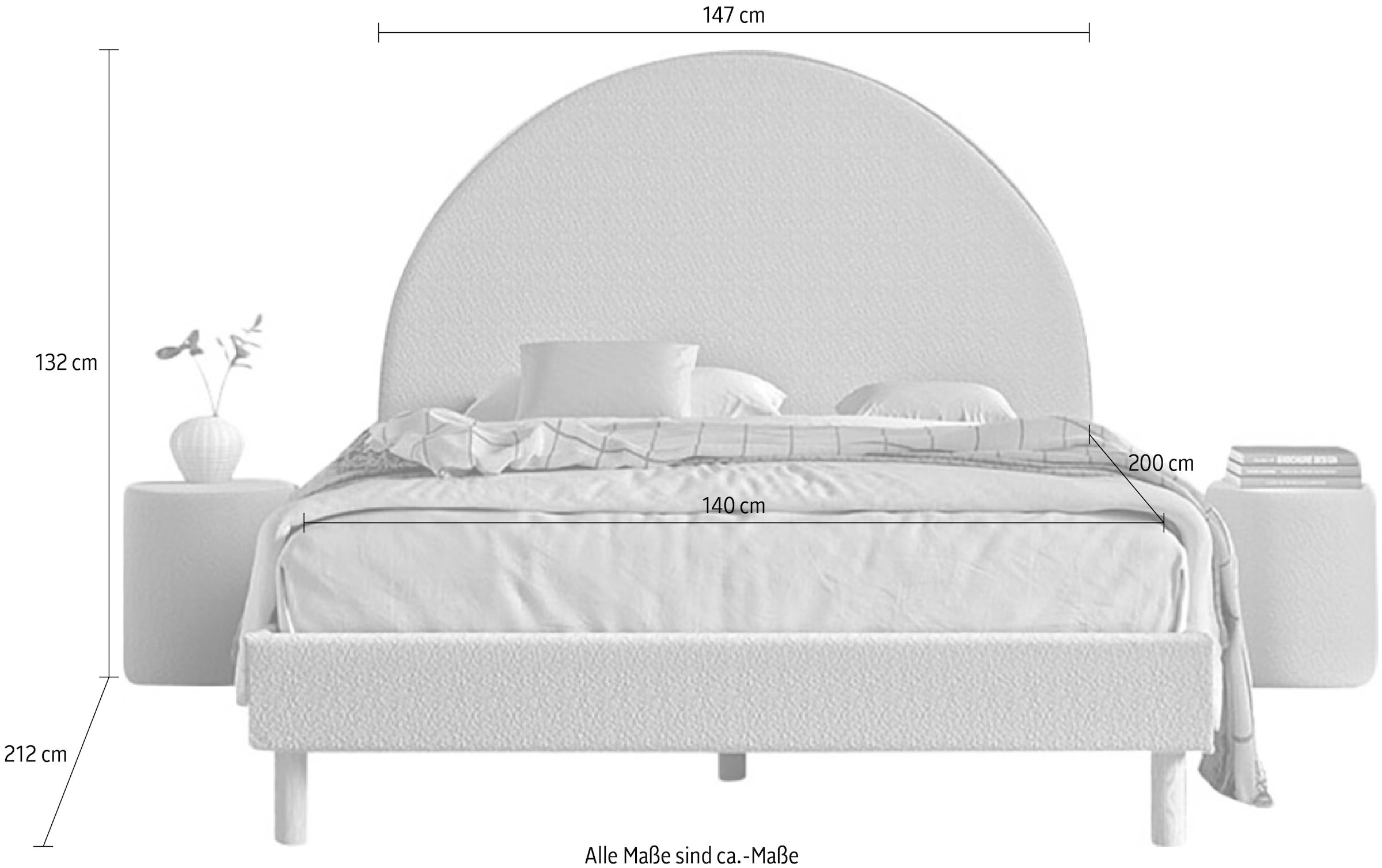 Vipack Ensemble de chambre à coucher »Moon, best. aus Polsterbett 140/200 und 2 Hocker/Nachttische« L/H/P env. 147x132x212 cm, tête de lit arquée, pieds en bois massif,  incl. sommier à lattes, housse en tissu bouclé doux, 4 couleurs au choix