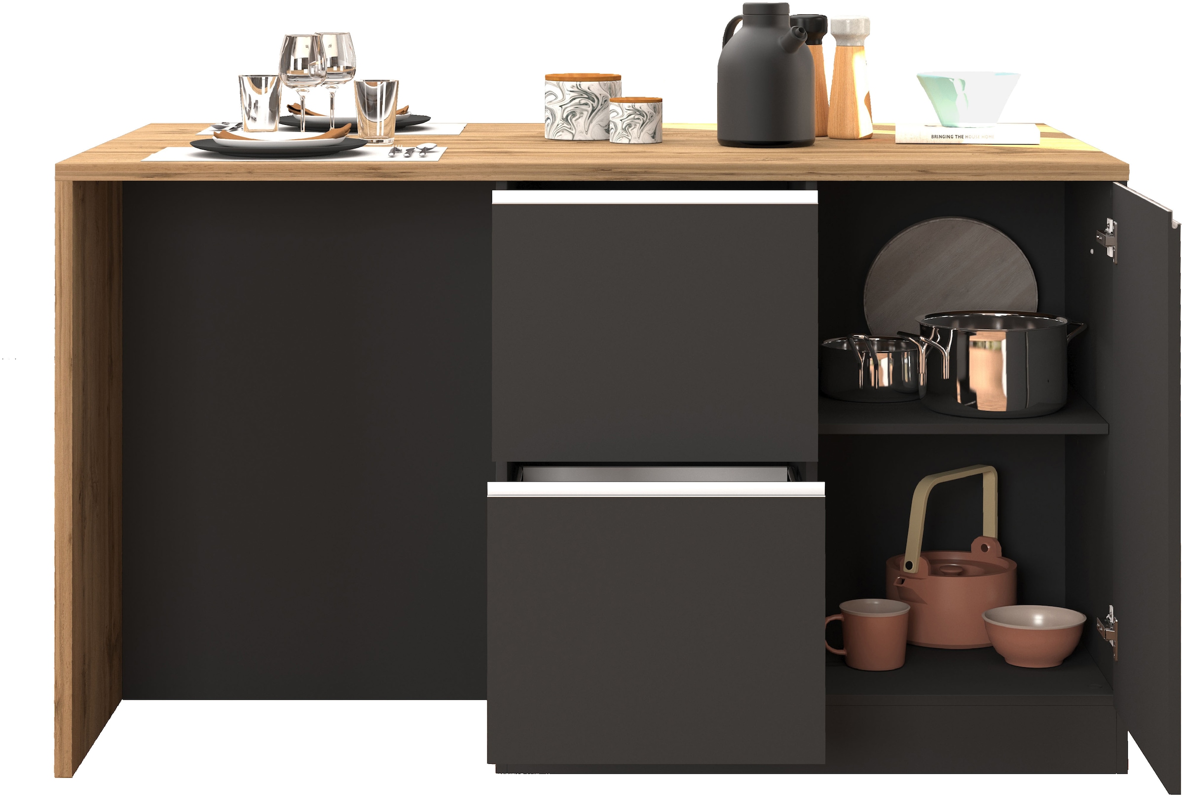 KOCHSTATION Ilot de cuisine »KS-Sole, Kochinsel, Küchenarbeitsblock, Inselküche, Arbeitsinsel« Breite 152,5 cm, mit Essplatz, Handtuchhalter, Fächer und Weinregal