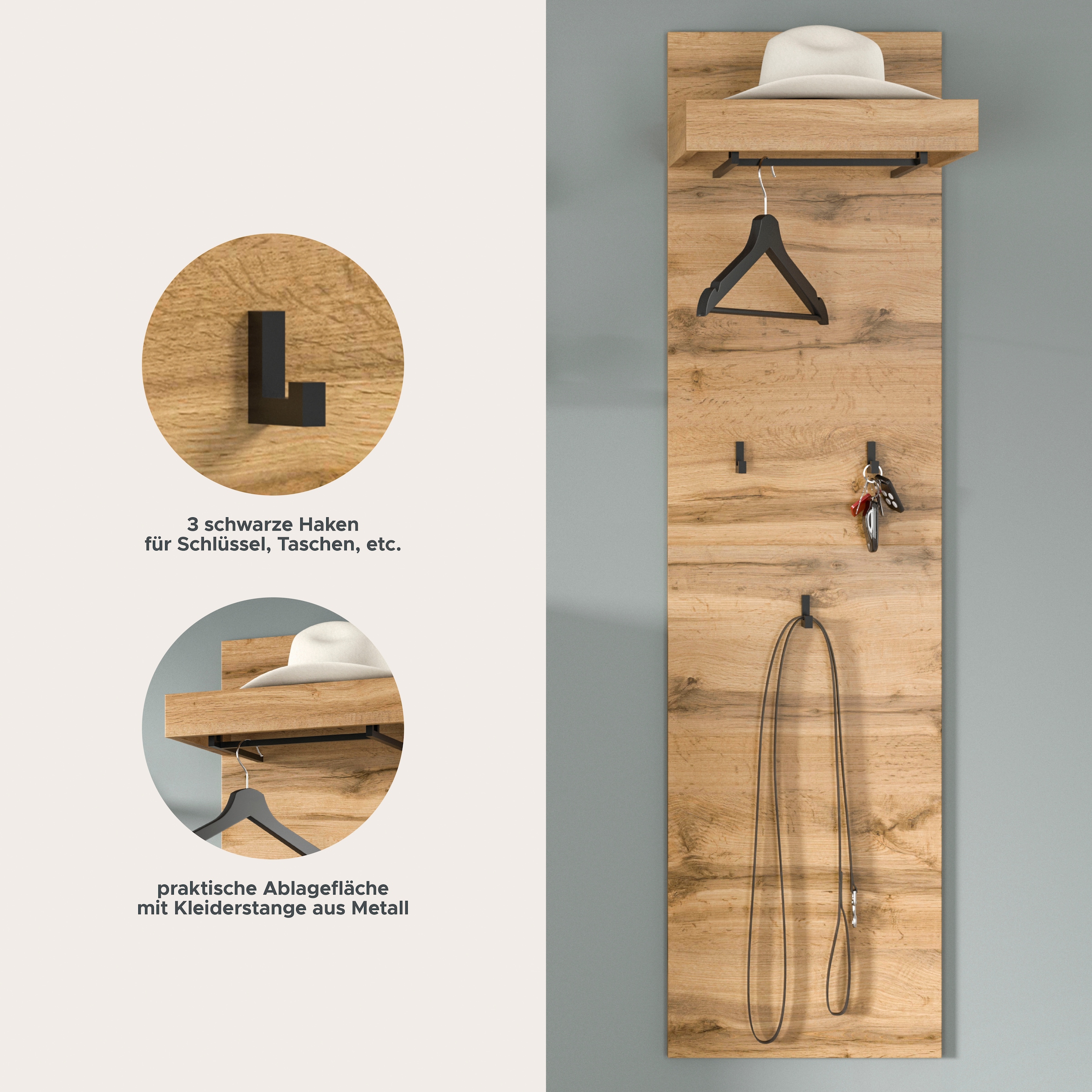 GOODproduct Panneau de vestiaire »MAMBO II, Höhe 150cm, 1 Kleiderstange & Hutablage, 3 Haken« Combinable individuellement avec d'autres articles de la série MAMBO, 1 cuis tlg. Panneau, garde-robe, couloir, entrée, patère, garde-robe de couloir