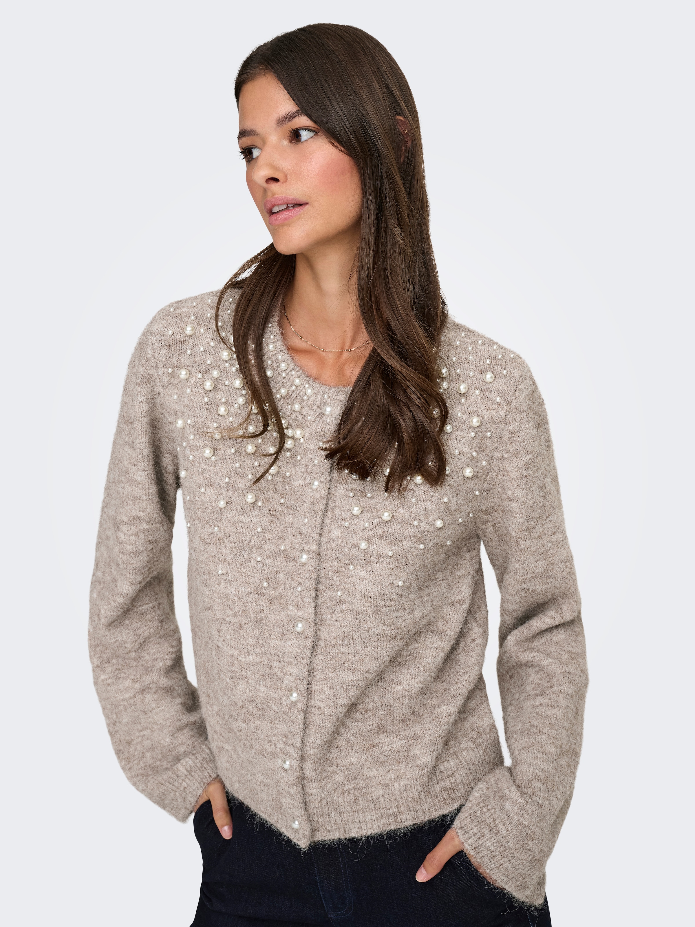 ONLY Veste en tricot »ONLMIGGIE LS O-NECK PEARL CARDIGA EX KNT« mit Zierperlen Applikation