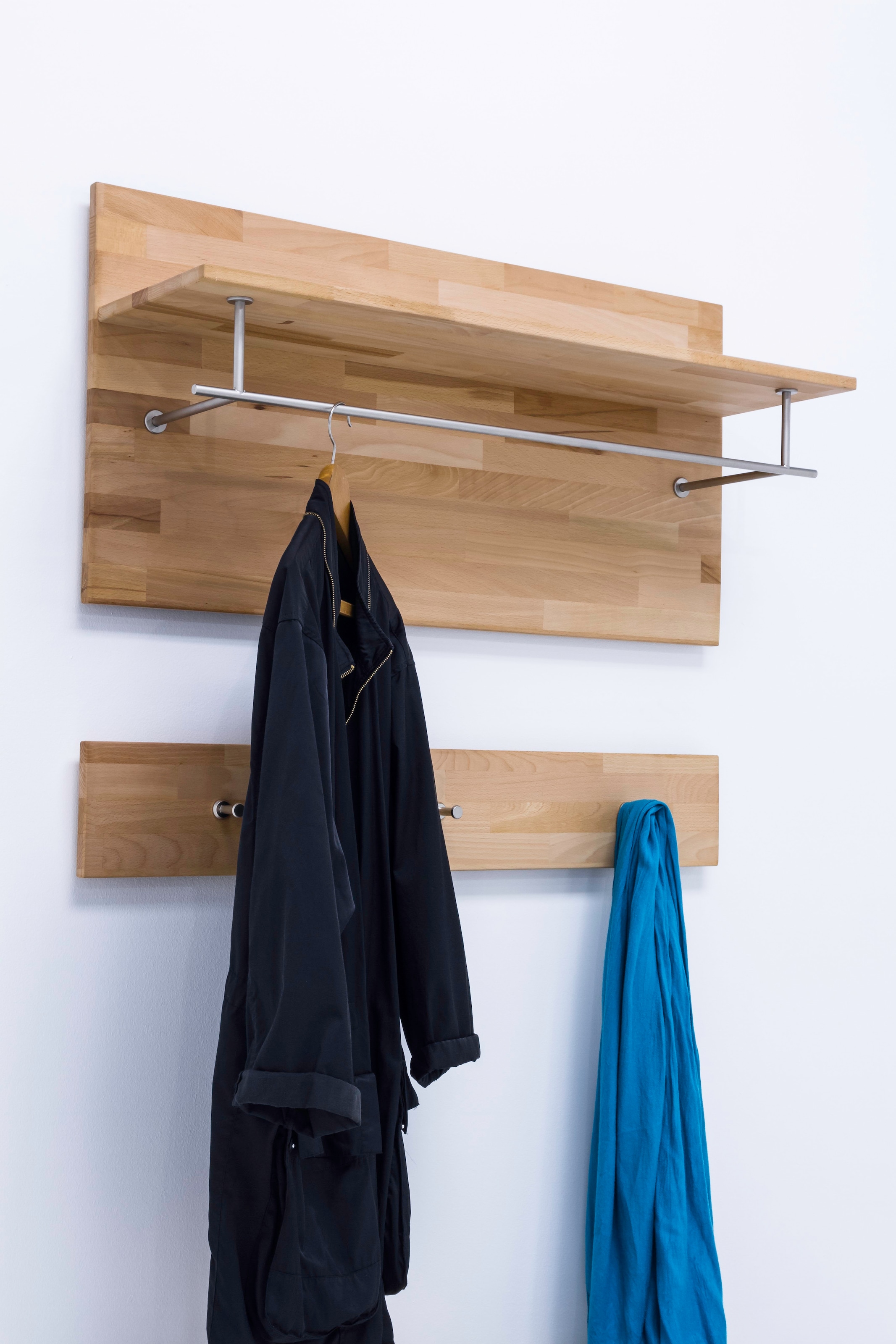 MCA living Garderobenpaneel »Fenja Paneel mit Boden, Schlüsselpaneel, Wandpaneel, Wandboard« Set, 1 Stk. tlg. Massivholz, Kernbuche, Haken, Kleiderstange, Ablageboden,Breite 100 cm