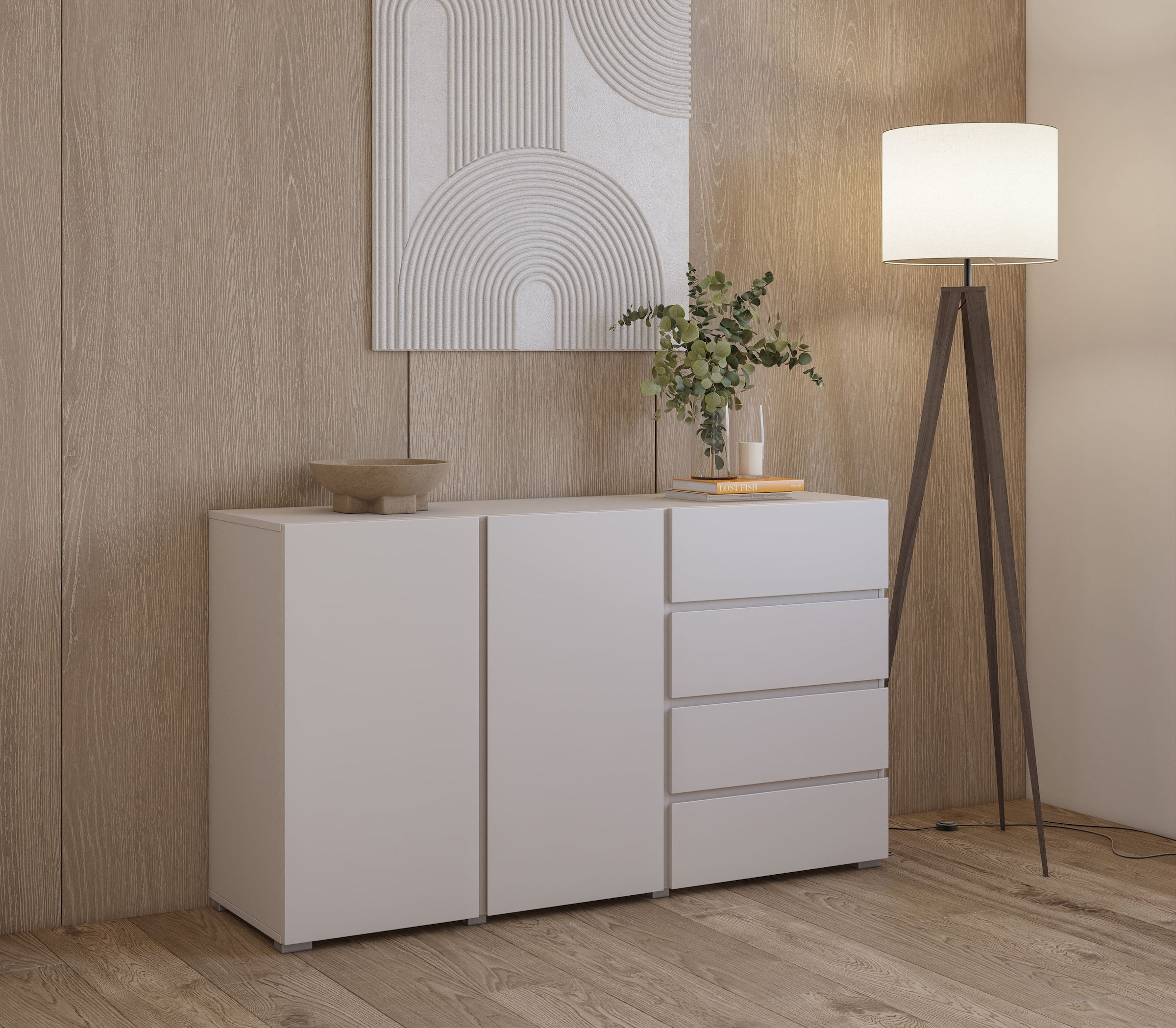 GOODproduct Sideboard »Metric,Breite 138 cm, grifflose Kommode 2 Türen/4 Schubkästen« Schubladenschrank mit viel Stauraum, Einlegeböden verstellbar