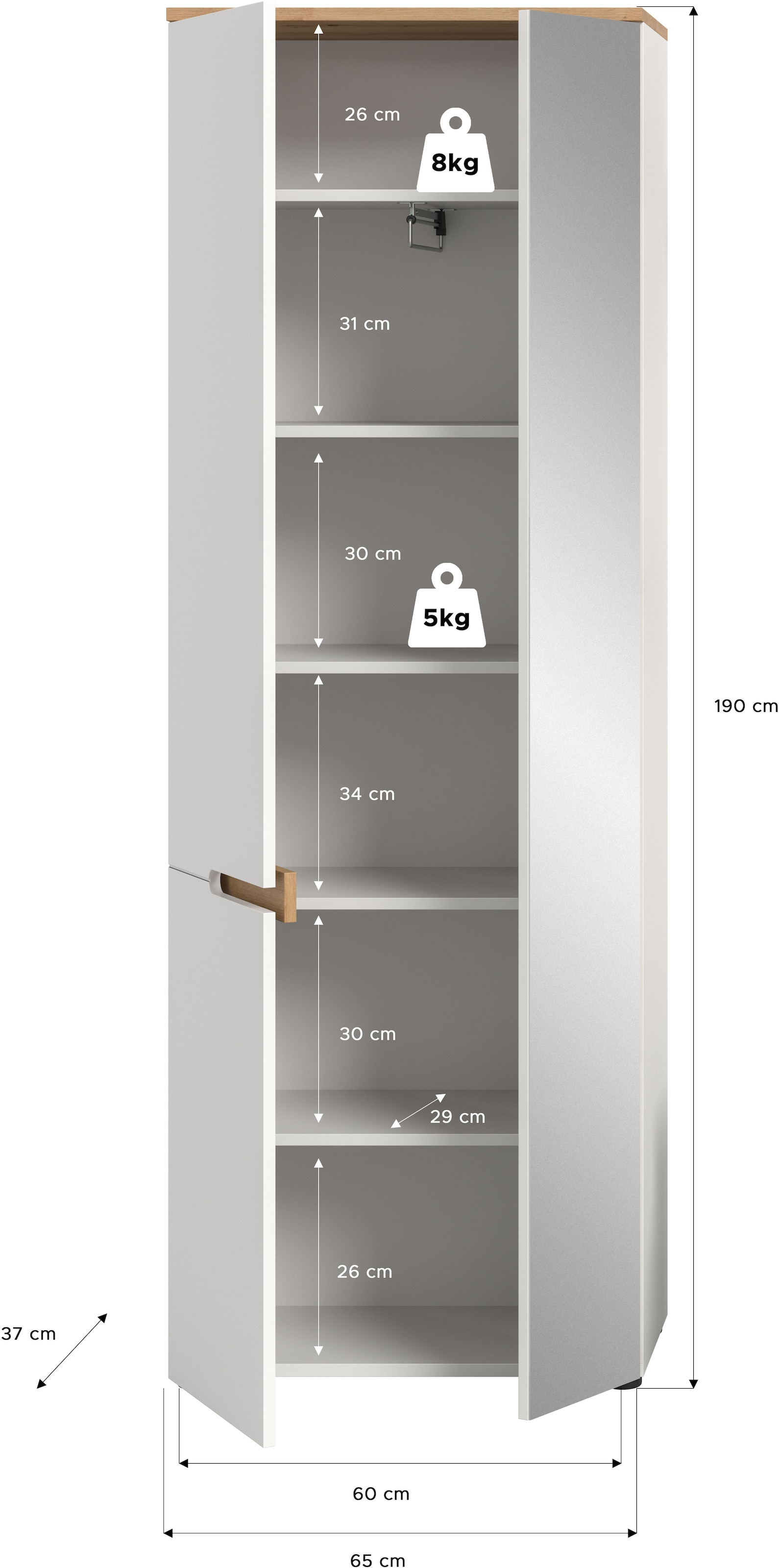 Home affaire Garderobenschrank »REHAT, TOPSELLER!, Höhe 190cm, 2 Türen, 6 Fächer, 1 Kleiderstange« in verschiedenen Farben erhältlich, 1 Stk. tlg. Garderobe, Flurschrank, Dielenschrank, Kleiderschrank, Garderobenmöbel