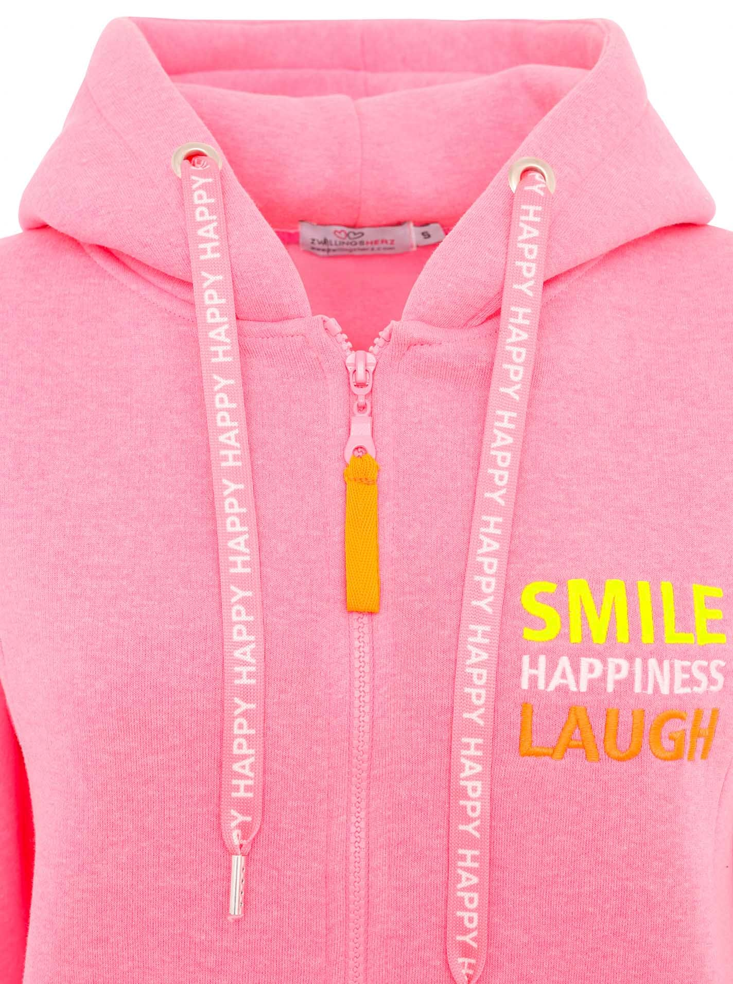 Zwillingsherz Manteau en jersey »"Smile Happiness Laugh"« mit positiver Botschaft, gesticktes Motiv hinten und vorne