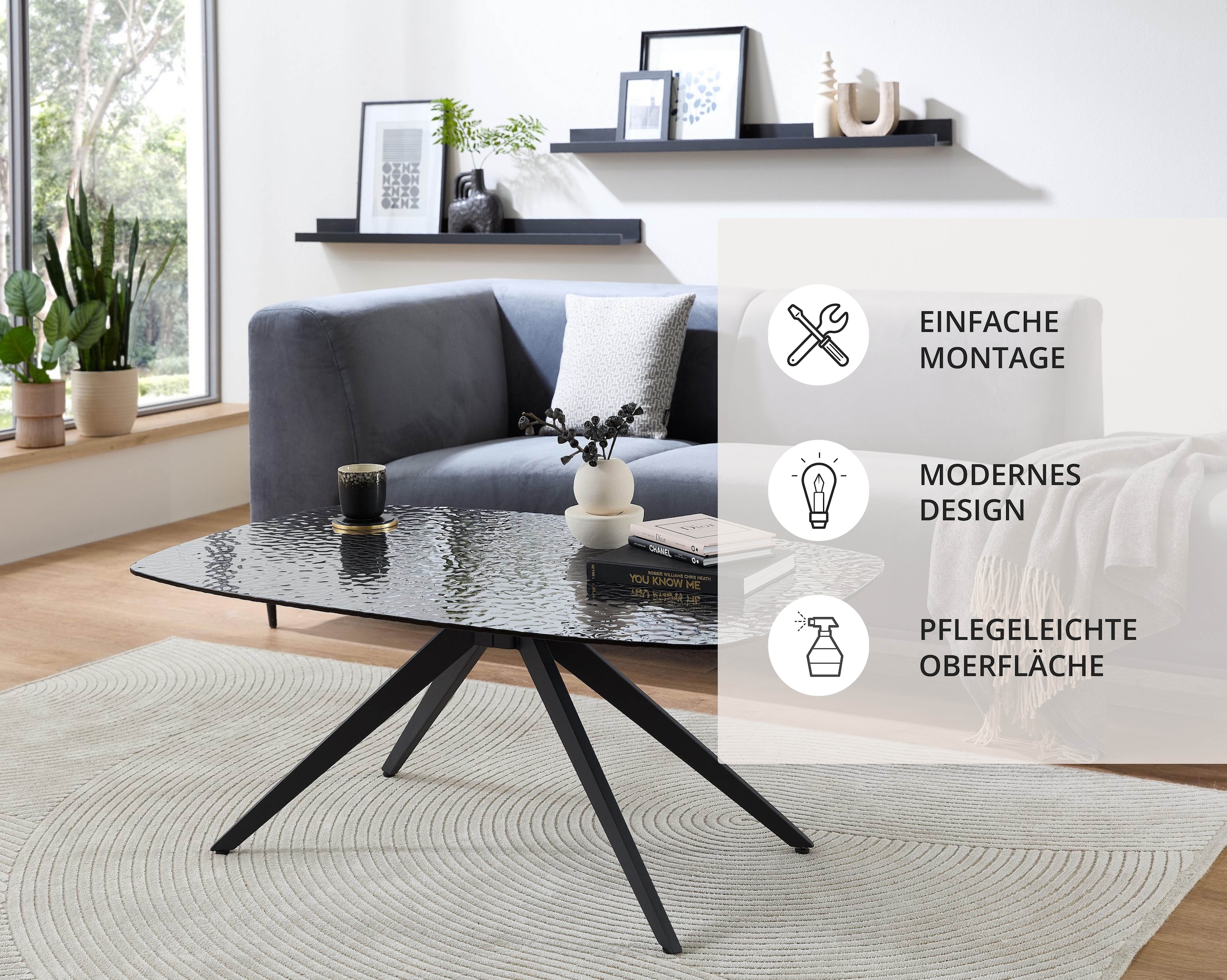 Stolkom Couchtisch »Elias Glastisch schwarz, Wohnzimmertisch BxHxT 110x44x70 cm« Sicherheitsglas Bruchsicher, Glasplatte Wasserwelle schwarz getönt