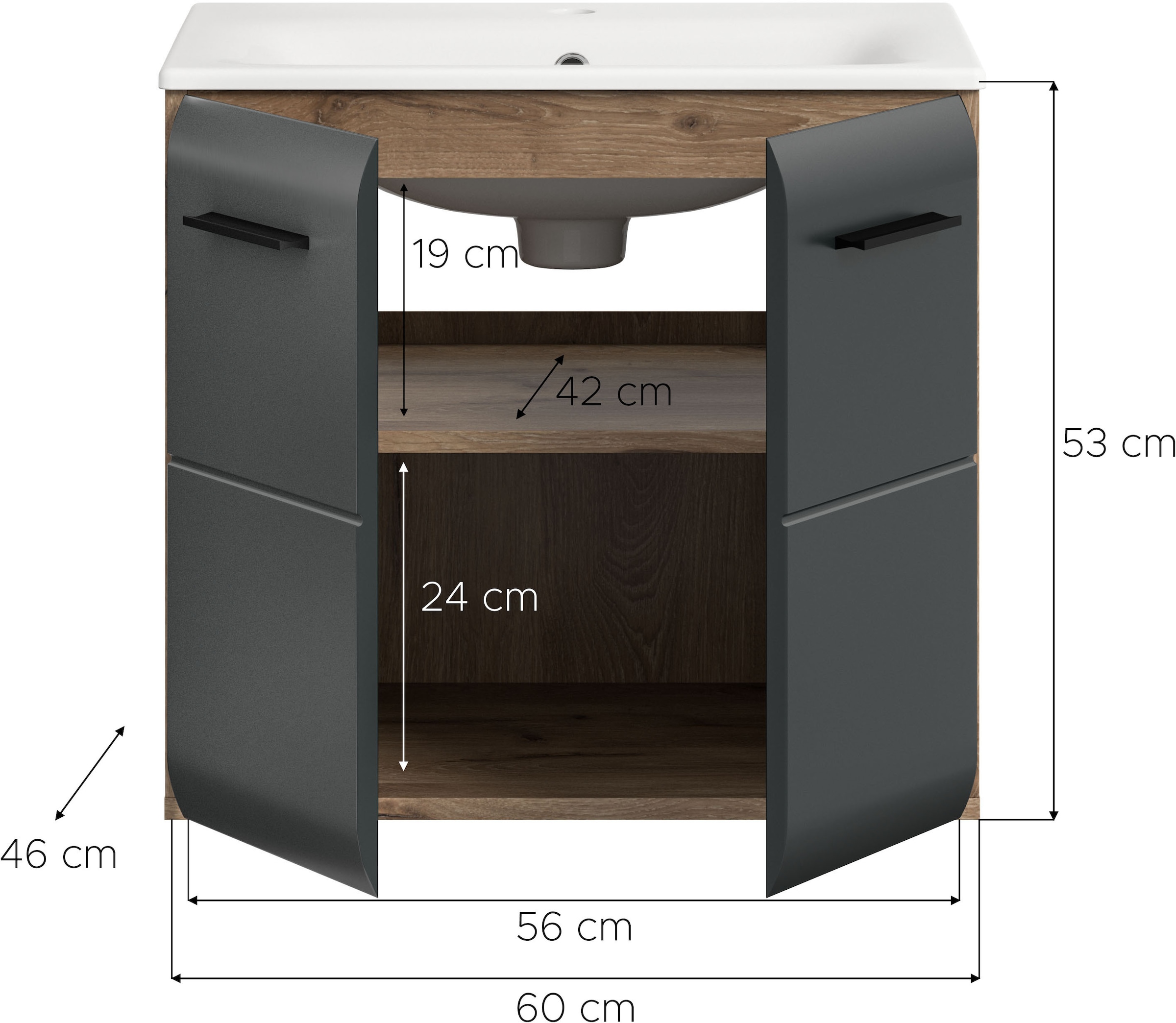 welltime Waschbeckenunterschrank 2 Stk. tlg. Florenz, Waschtisch inkl. Waschbecken, Nox Oak NB, 60 cm breit