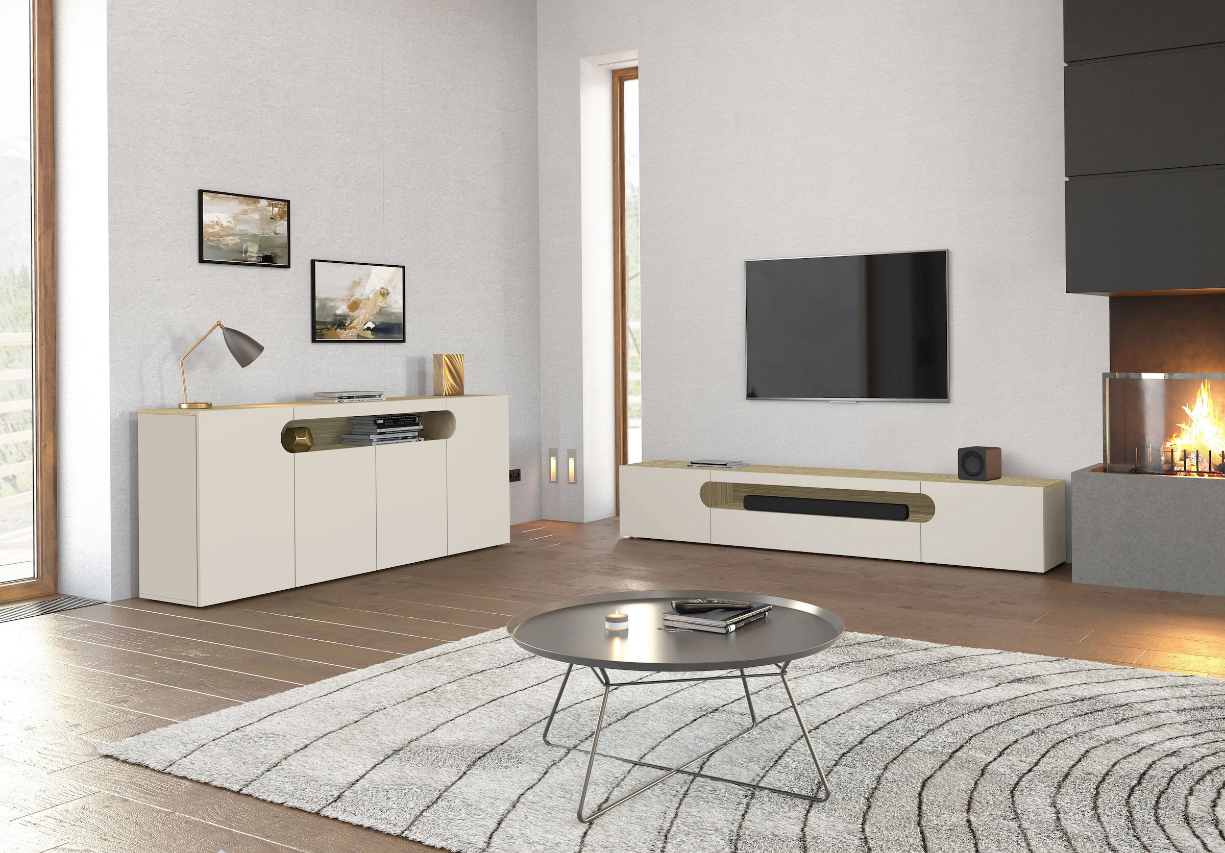 INOSIGN Table basse »REAL TV-Möbel, 240 cm breit, 40/60 cm hoch, Hochglanz oder matt« mit 2 abgerundeten Türen, 1 Klappe, die ein ovales offenes Fach bilden