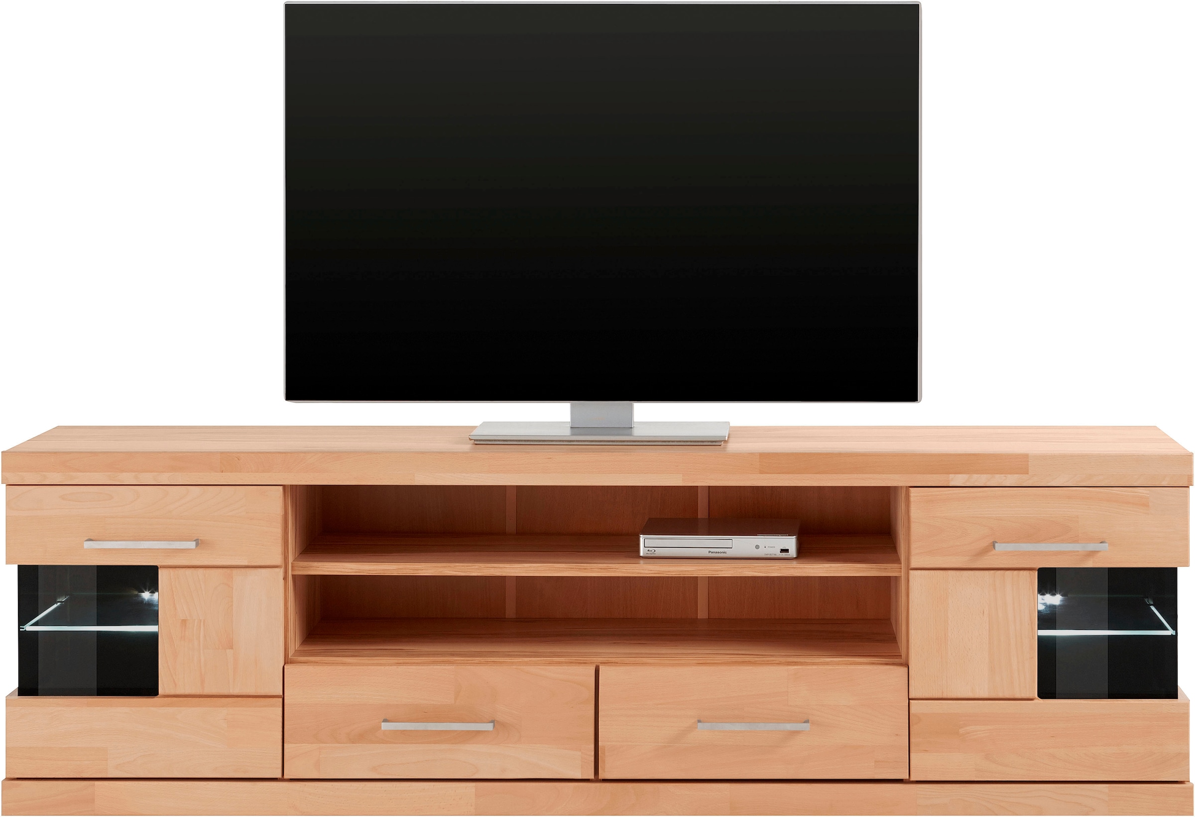 GOODproduct Table basse »Ribe,180cm breit, Fronten Massivholz,6 Fächer,Kabeldurchführung« Korpus Holzwerkstoff,Glaseinsatz aus gehärtetem Glas,Böden versetzbar