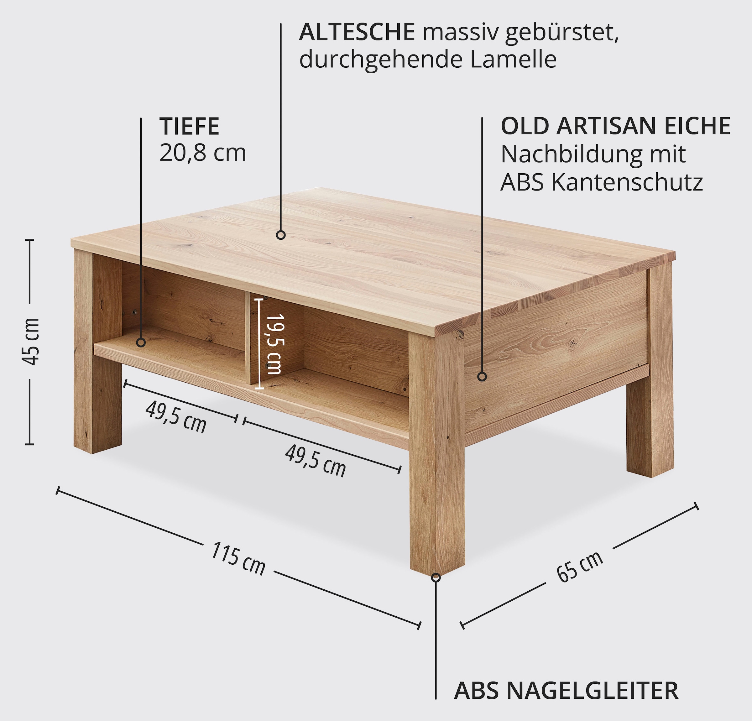 Wohnconcept Table basse »Malaga Couchtisch, 115x45x65 (BxHxT)« 1 cuis tlg. plateau en bois massif, 1 tiroir, 3 compartiments ouverts, protection d’angle ABS