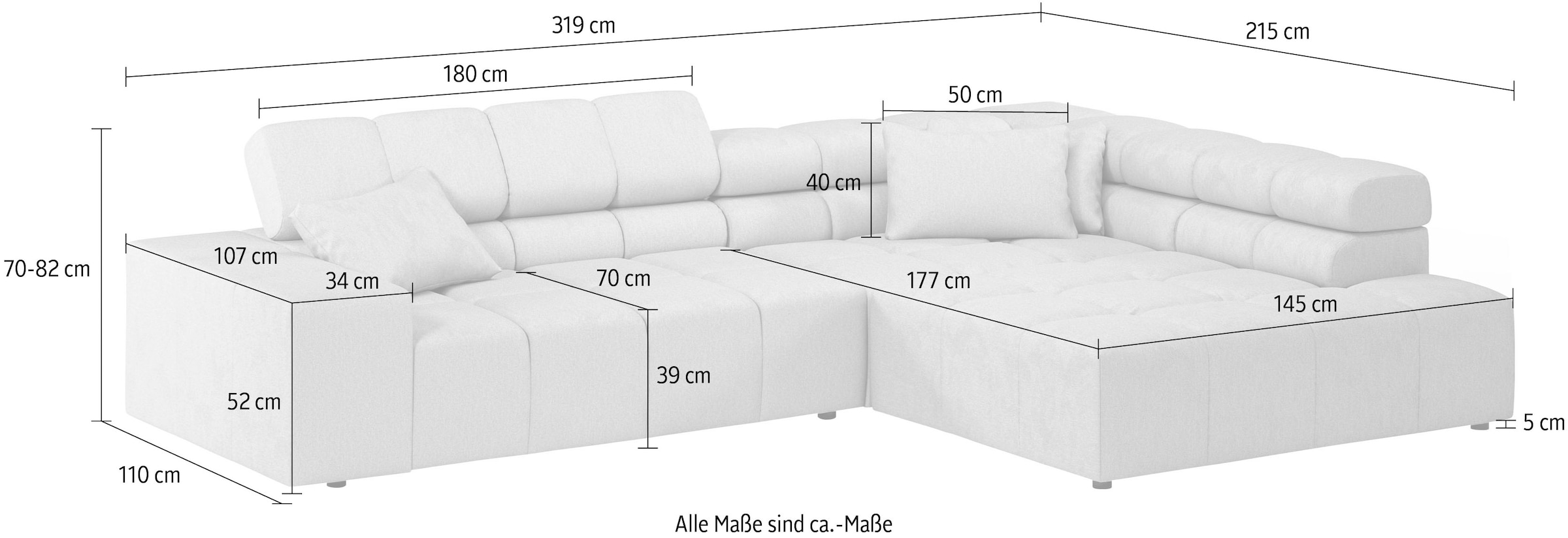 Home affaire Ecksofa »Ancona, Ecksofa,  incl. Kopfteilverstellung, Breite 319 cm, L-Form« wahlweise motorische Sitztiefenverstellung, auch in Cord + Easy Care