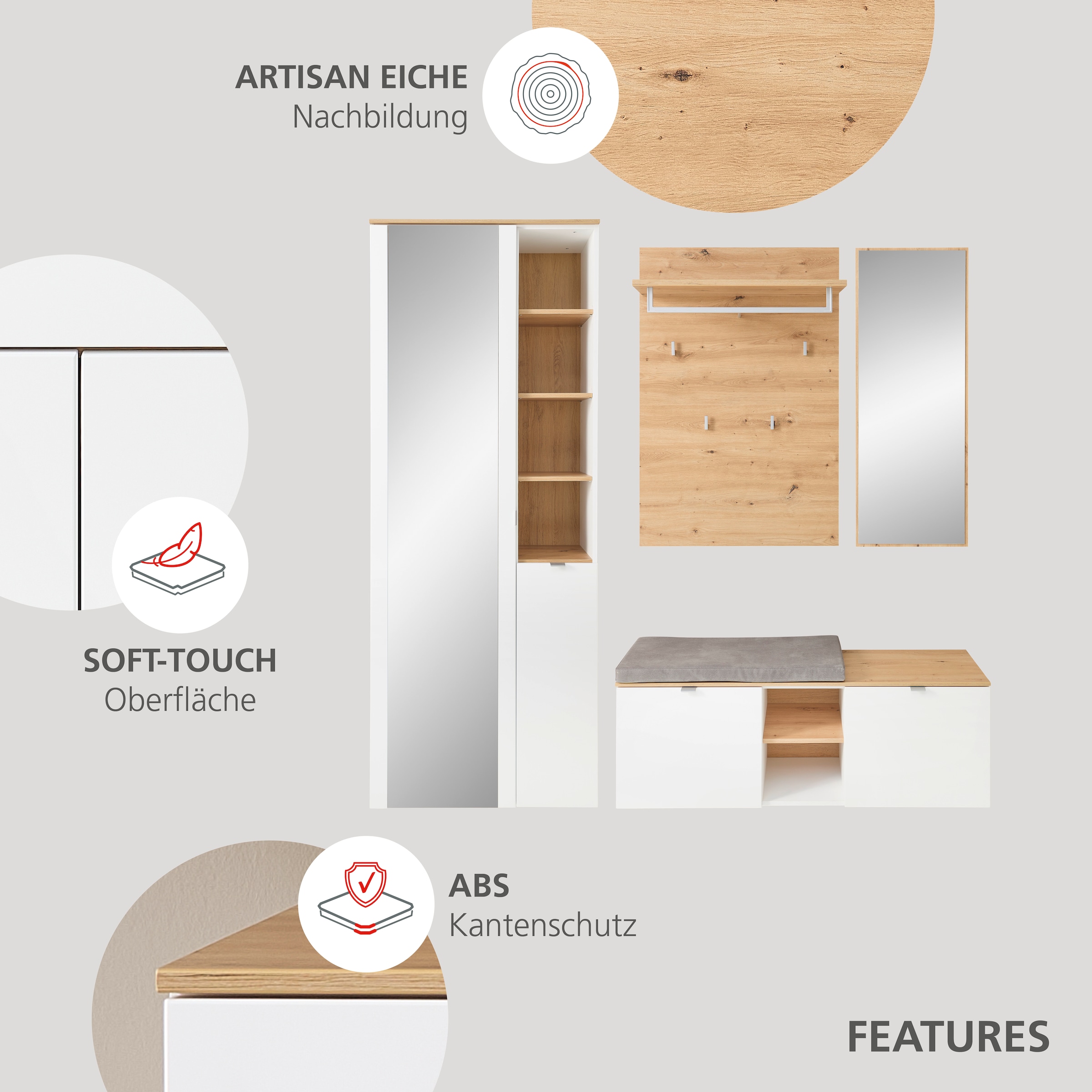 Innostyle Armoire à chaussures »Bari Schuhbank inkl. Sitzkissen, BxHxT 128x50x38 cm« 1 cuis tlg. 2 portes, 6 compartiments, fermeture douce, protection d’angle ABS