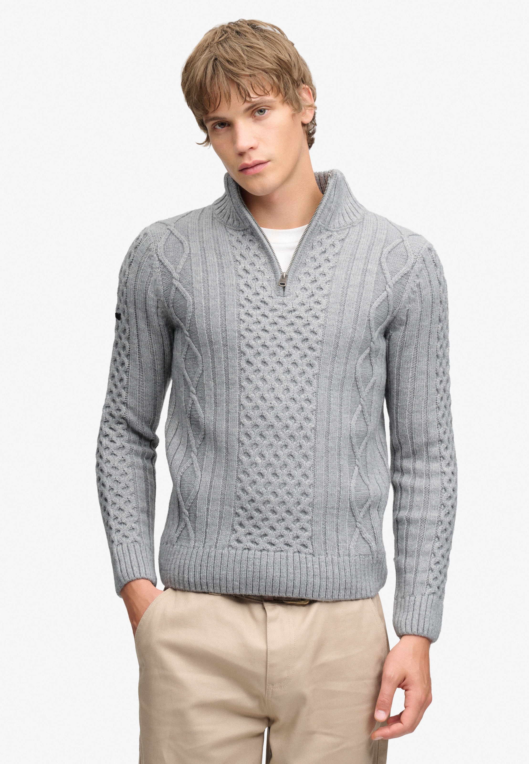 Superdry Pull en tricot »JACOB CABLE HALF ZIP KNIT« Mélange de matières, coupe slim