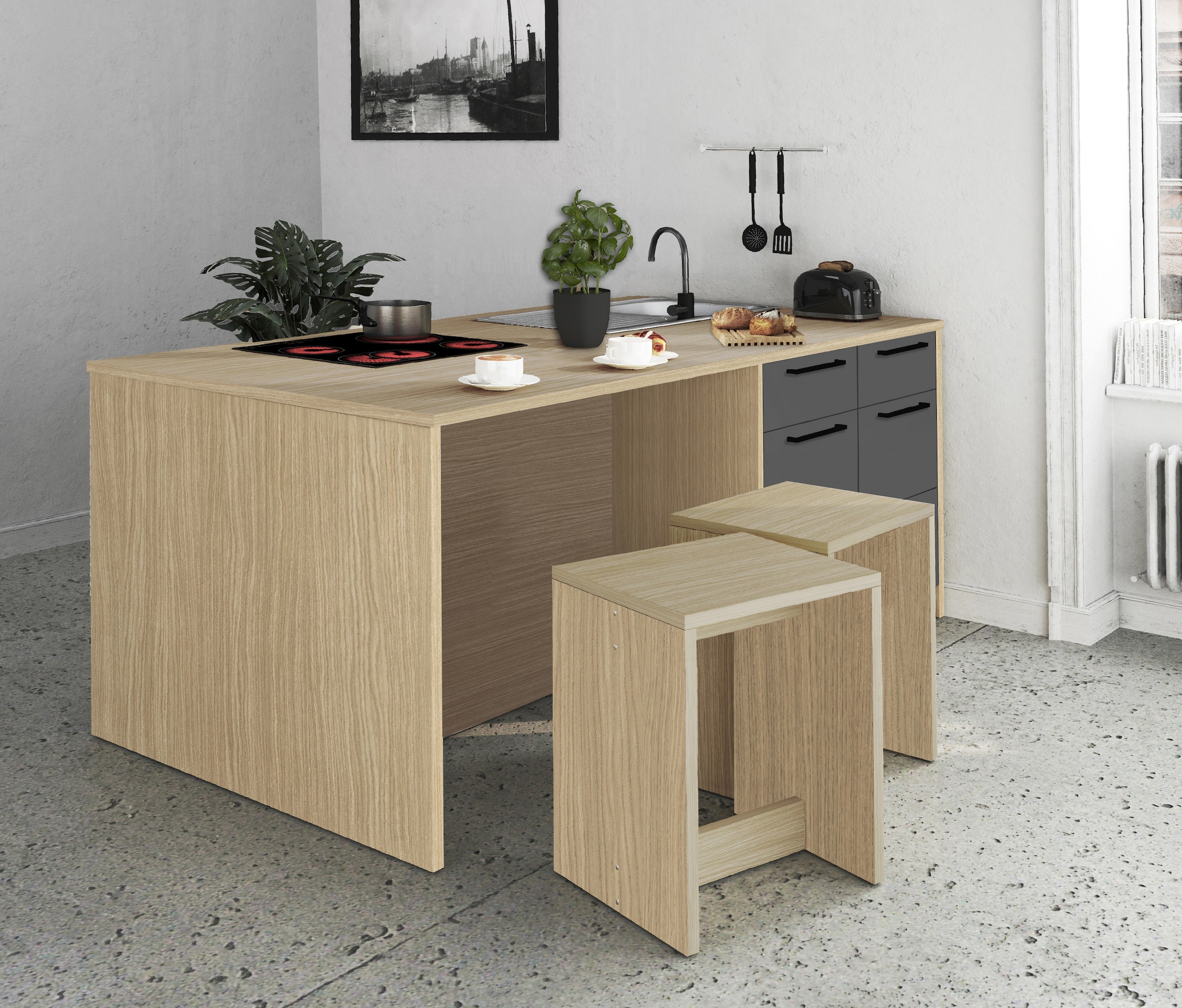 KOCHSTATION Ilot de cuisine »KS-Luna Breite 200 cm, Höhe 90 cm« Breite 200 cm, wahlweise mit Hanseatic-E-Geräten