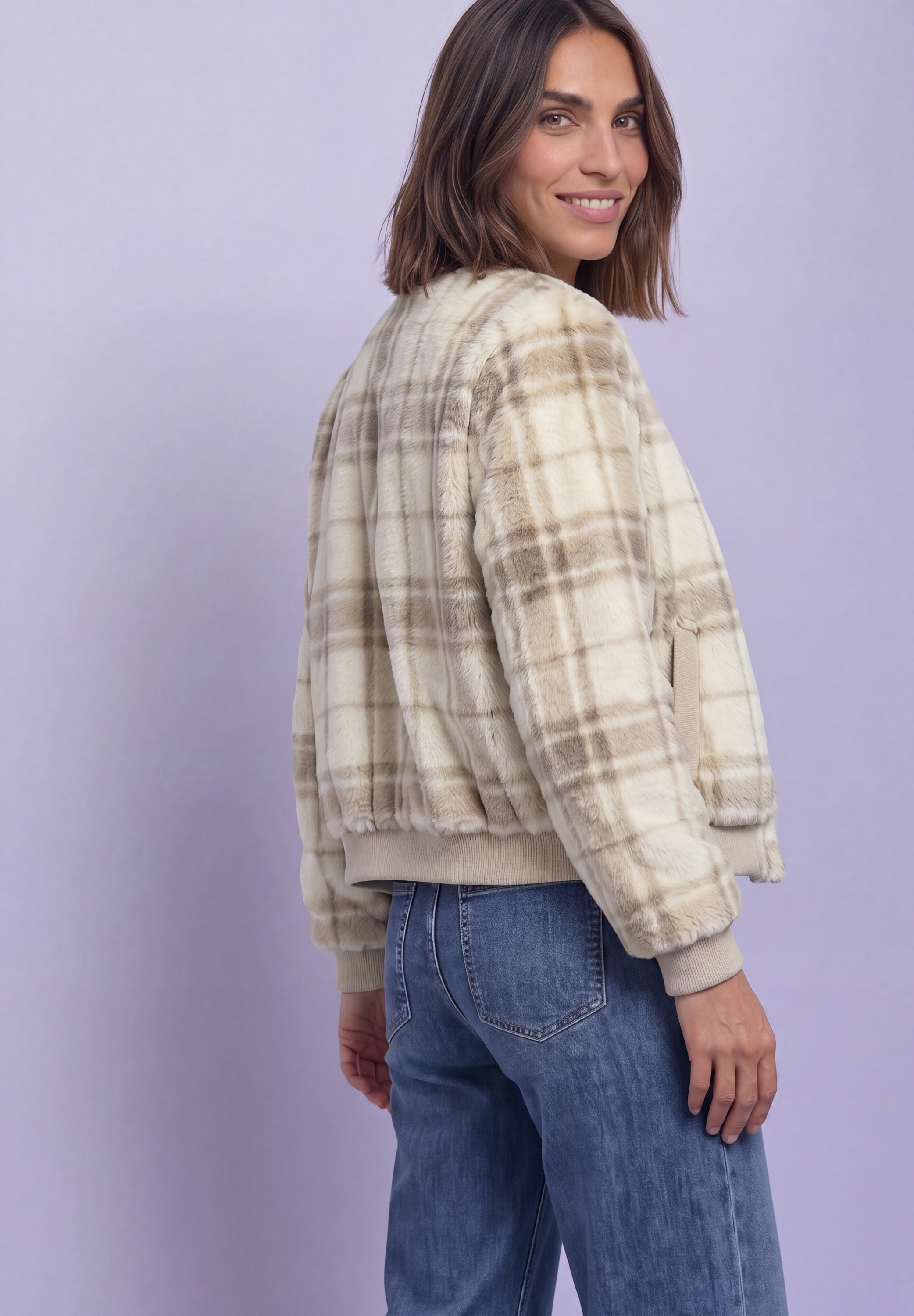 STREET ONE Blouson ohne Kapuze Fake Fur Blouson mit Strickdetails und Print