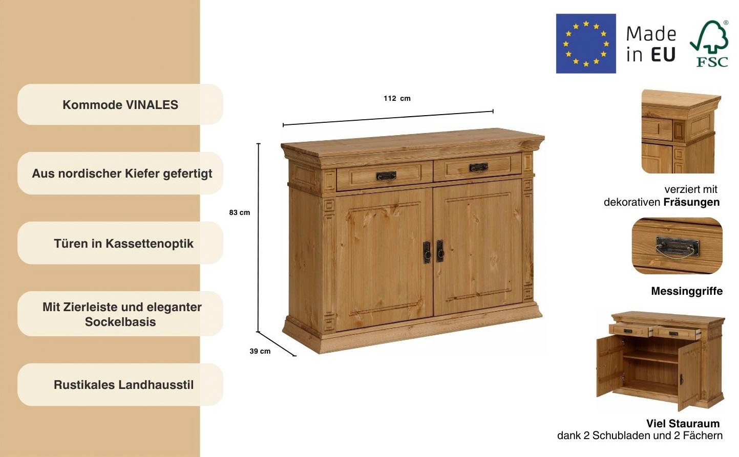Home affaire Kommode »Vinales« Breite 112 cm aus massiver Kiefer