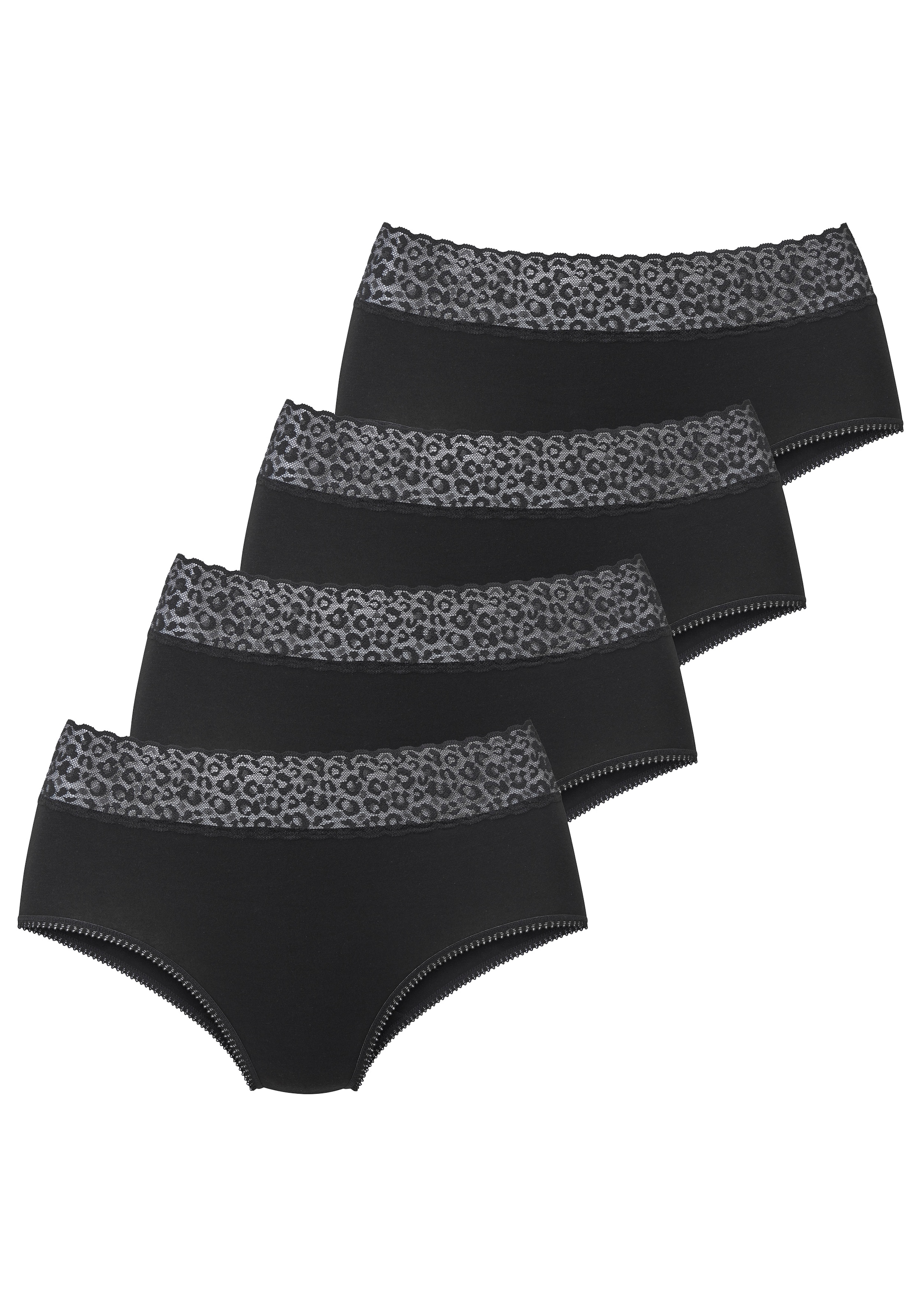 LASCANA Culotte haute pack de 4,  en coton élastique avec dentelle léopard à la ceinture