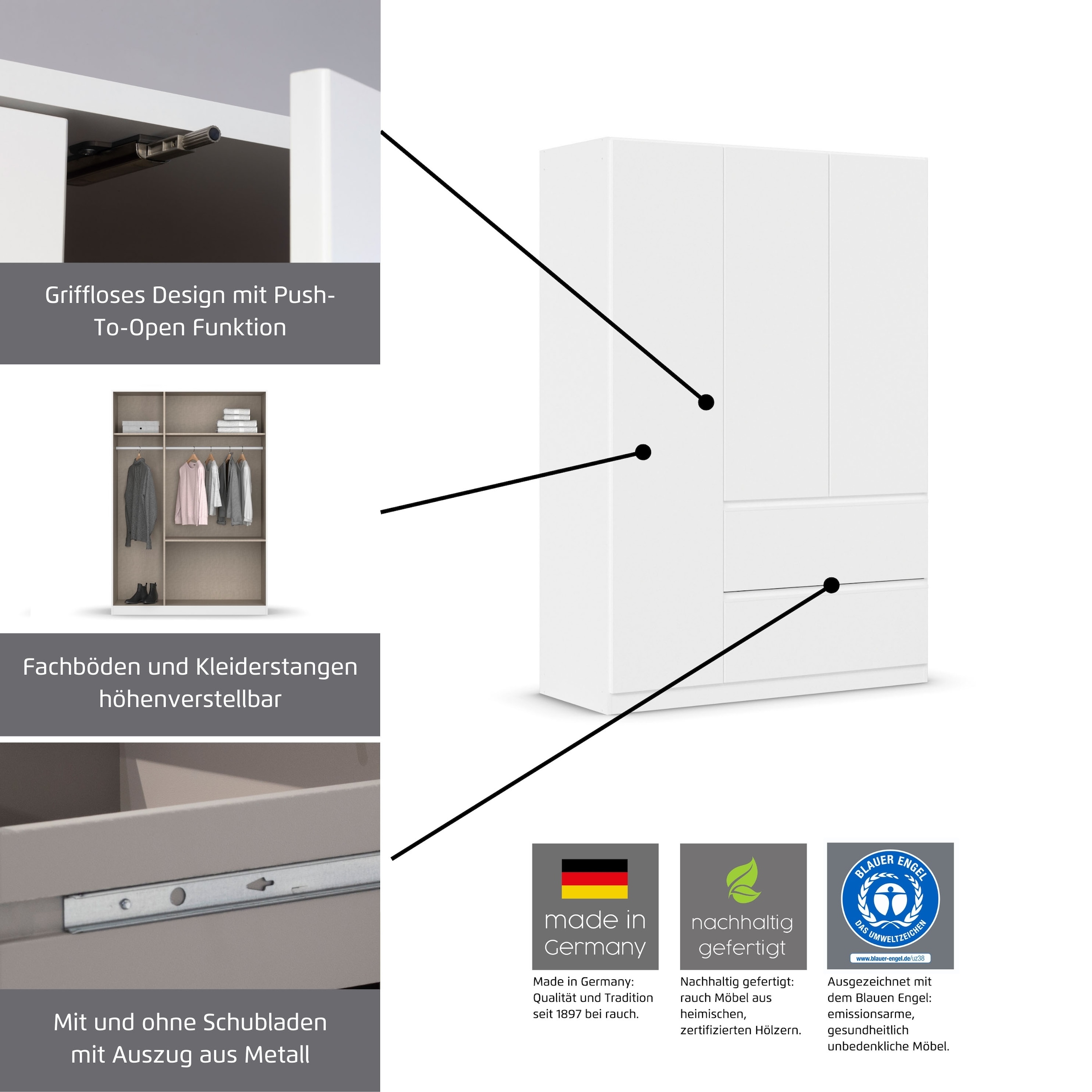 rauch 1100000002199 »Kleiderschrank Schrank Garderobe Wäscheschrank COSTA Breite 91 cm« in 3 Ausstattungen BASIC/CLASSIC/PREMIUM,  Breite 91 cm grifflose Front mit Push-to-Open Funktion MADE IN GERMANY