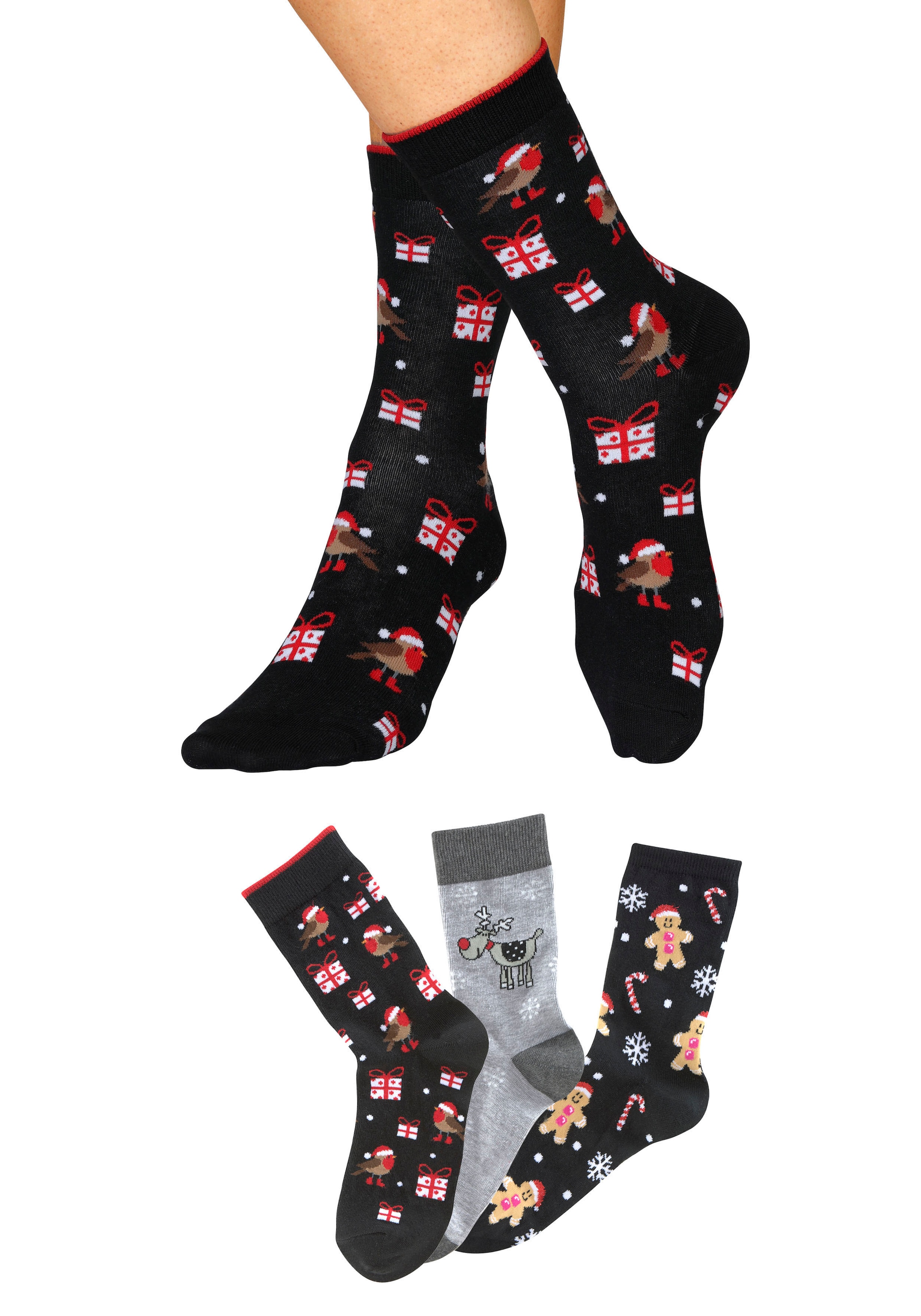 H.I.S Socken Packung, 3 Stk. tlg. mit lustigen Weihnachtsmotiven