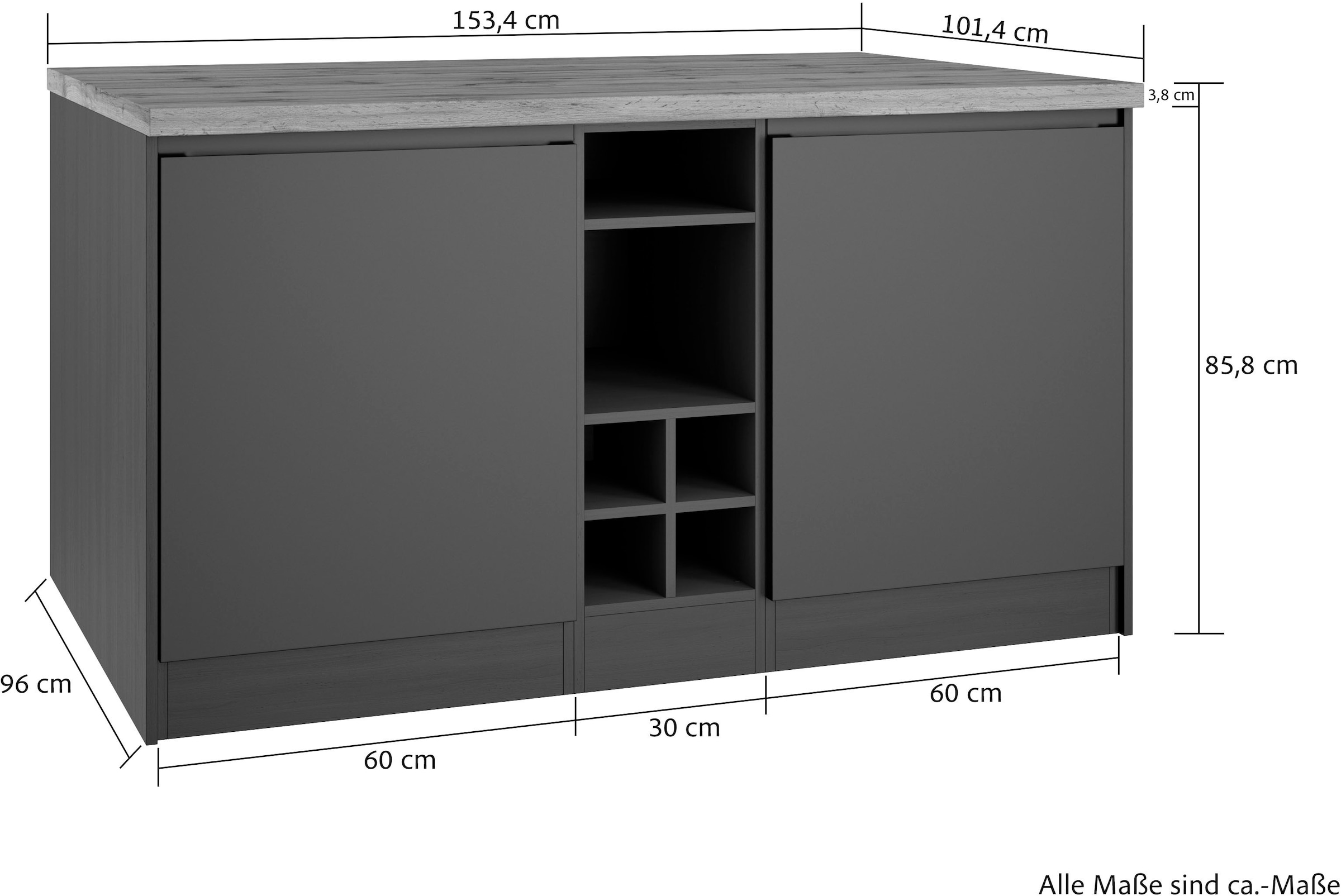KOCHSTATION Ilot de cuisine »KS-Bruneck, Breite 153 cm« façades MDF, plan de travail épaisseur 38mm