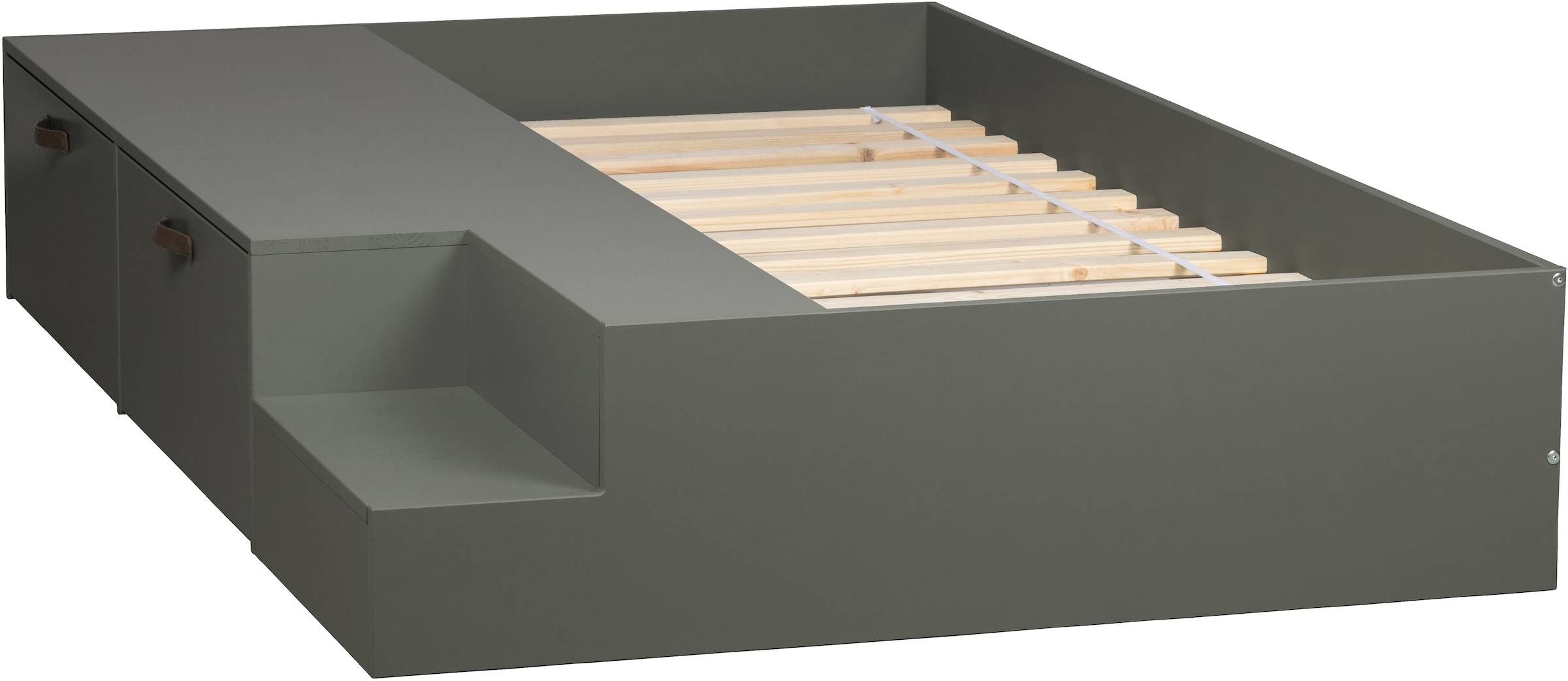 WOOOD Stauraumbett »Stage Massivholz FSC®-Kiefernholz mit Trittstufen 204 x 131 x 35 cm« Rollauszüge mit Ledergriff, breite Holzkante, Matratzenmass 80x200 cm