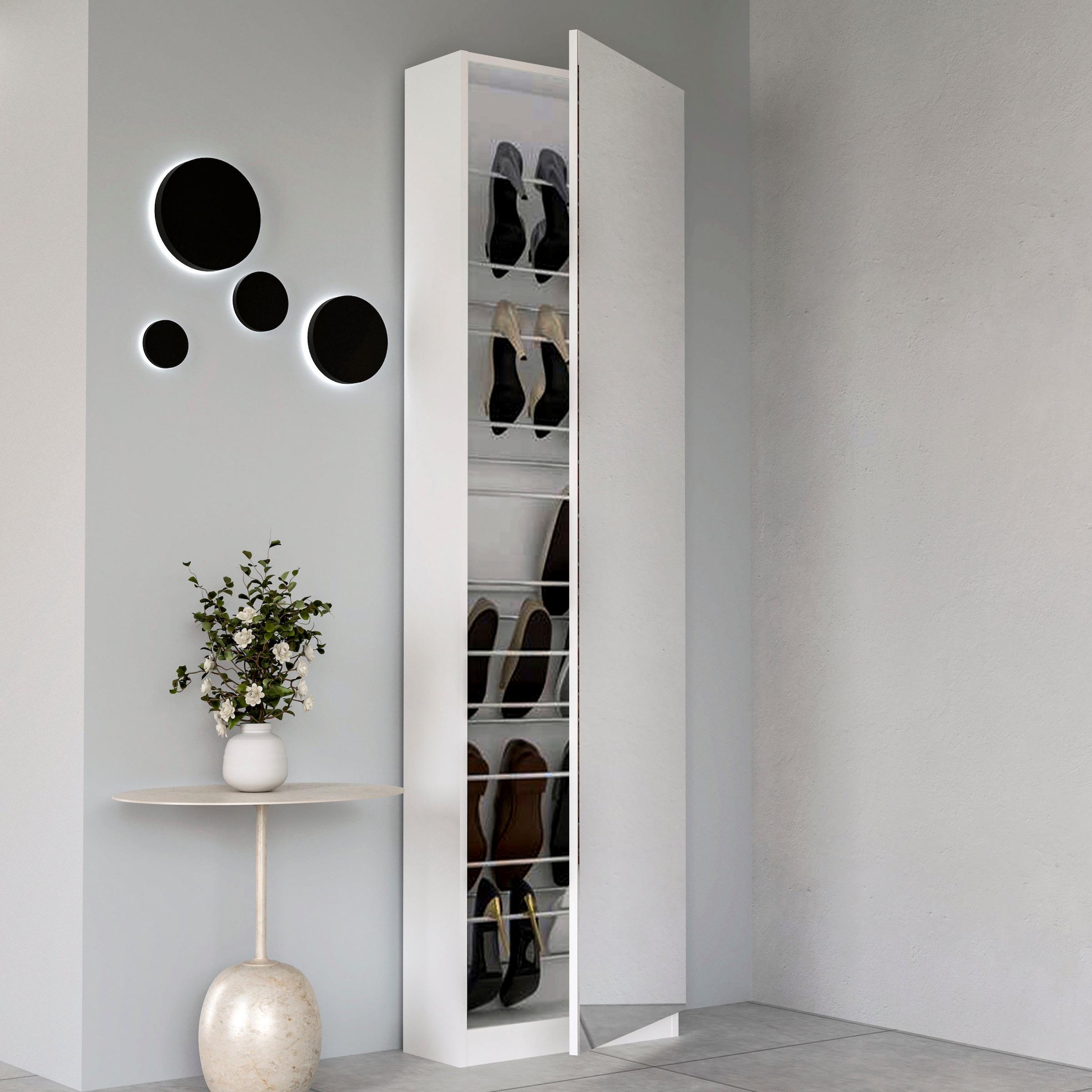 FORTE Schuhschrank »Calma Schuhschrank, Spiegeltüre, 12 Paar Schuhe, Türanschlag wählbar« B/H/T : 50/179,7/20 cm,  Schuhschrank mit Spiegeltüre , 180cm hoch, 12 Paar Schuhe
