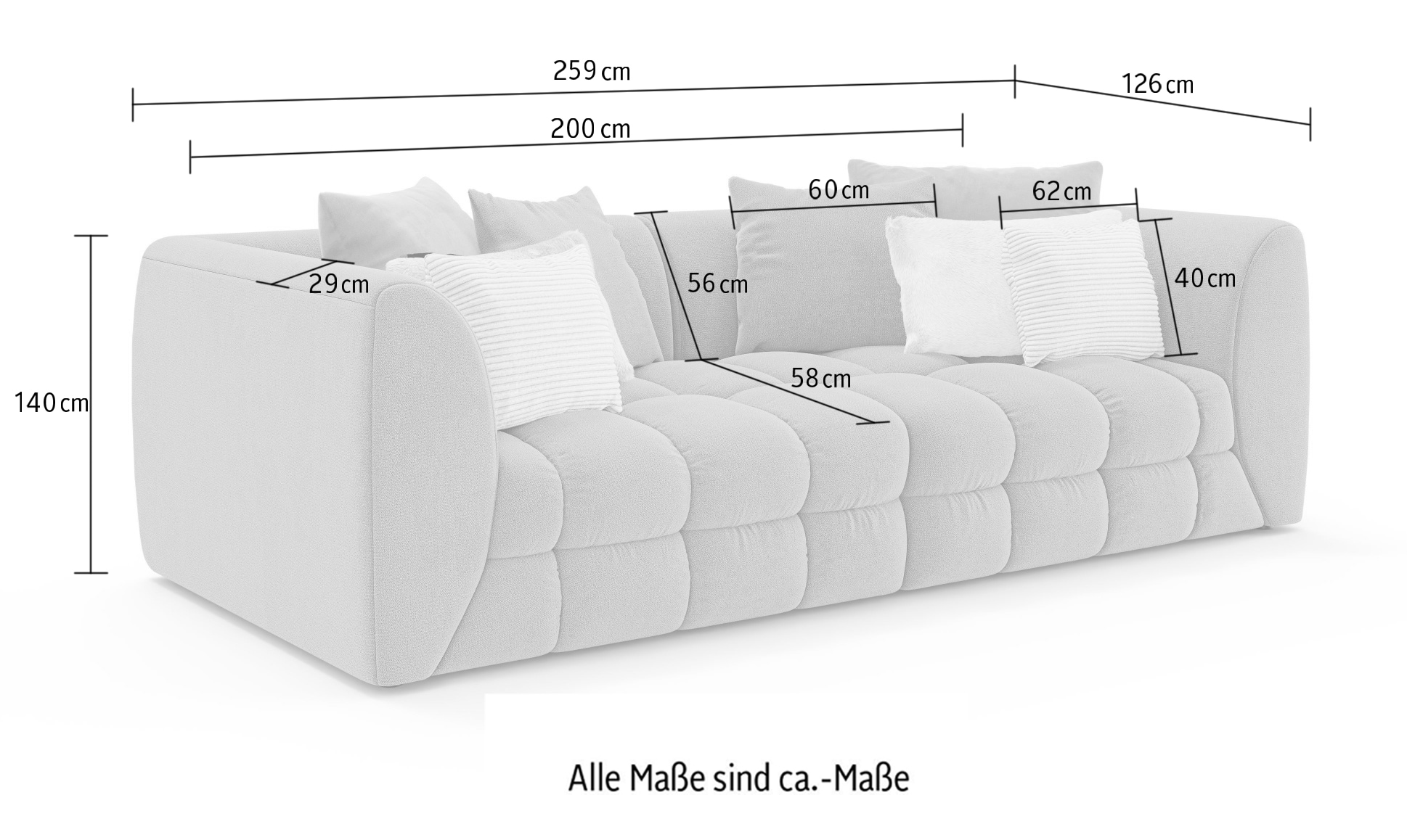 s.Oliver Big-Sofa »COBBO 3-Sitzer Design-Sofa Bubble-Optik, Masse B/T/H: 259/126/104 cm« mit vielen Kissen, moderne Steppung und hoher Sitzkomfort
