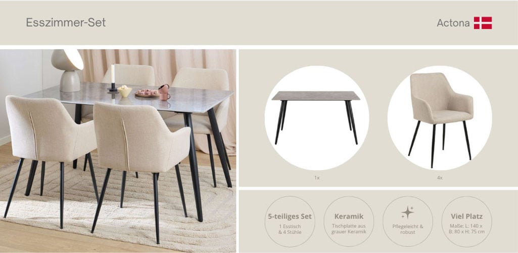 ACTONA GROUP Set de salle à manger »Essgruppe, Speisetisch mit Stühlen, für das Esszimmer, Modern« Ensemble complet, 1 table + 4 chaises, 5 cuis tlg.