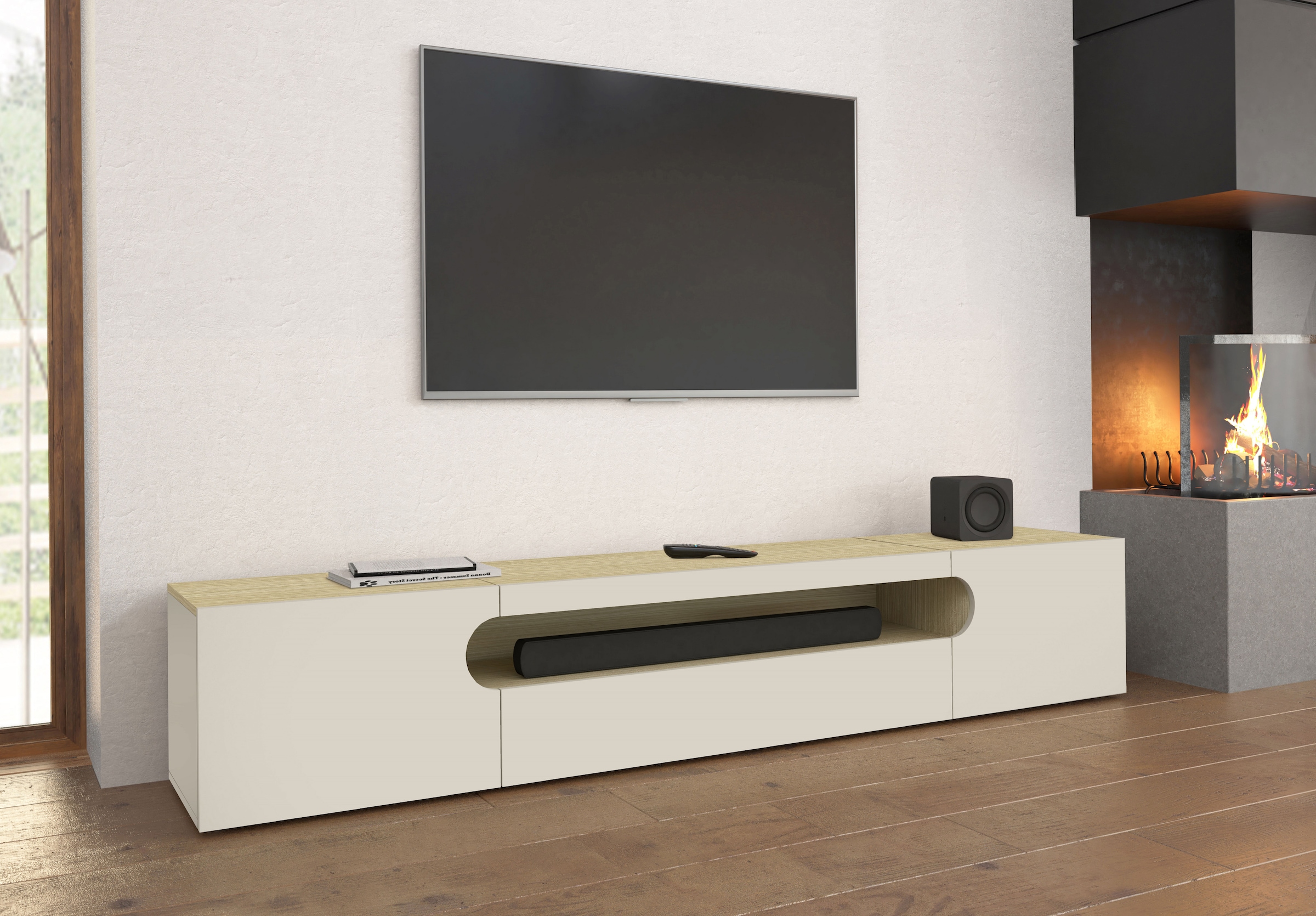 INOSIGN Table basse »REAL TV-Möbel, 240 cm breit, 40/60 cm hoch, Hochglanz oder matt« mit 2 abgerundeten Türen, 1 Klappe, die ein ovales offenes Fach bilden
