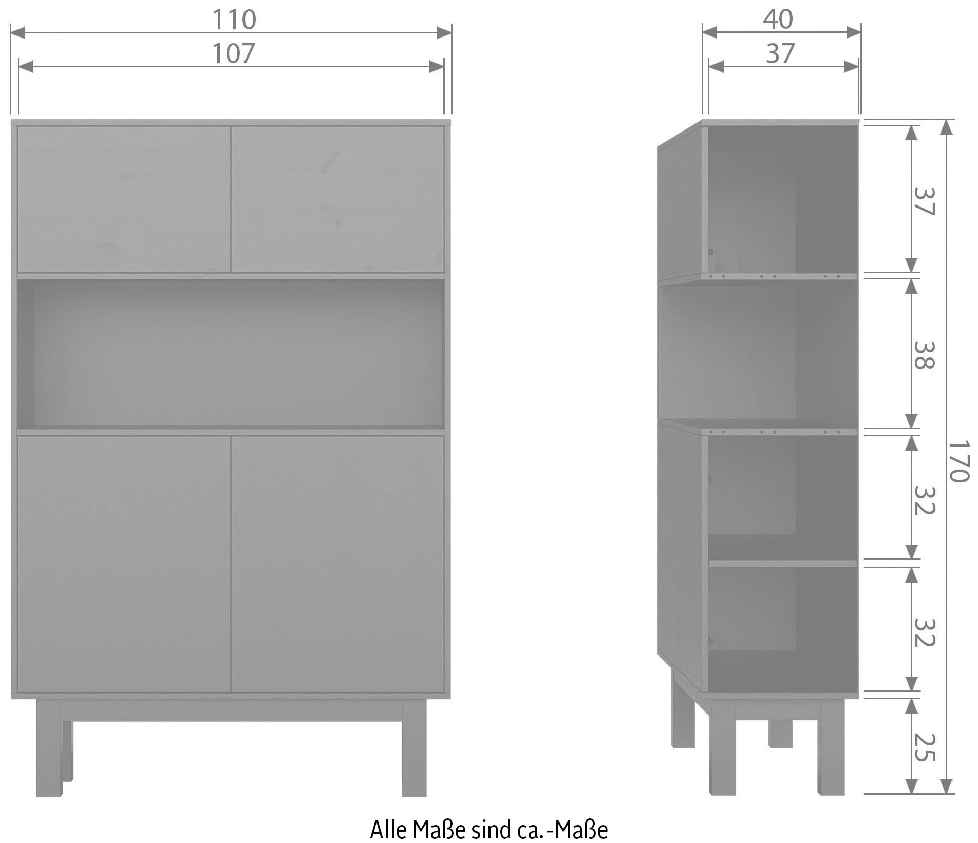 WOOOD Buffet »Finca FSC®-Kiefernholz mit Druckmechanismus, H 170 x B 110 x T 40 cm« Tragkraft 10 kg pro Boden, offenes Mittelfach, sichtbare maserung