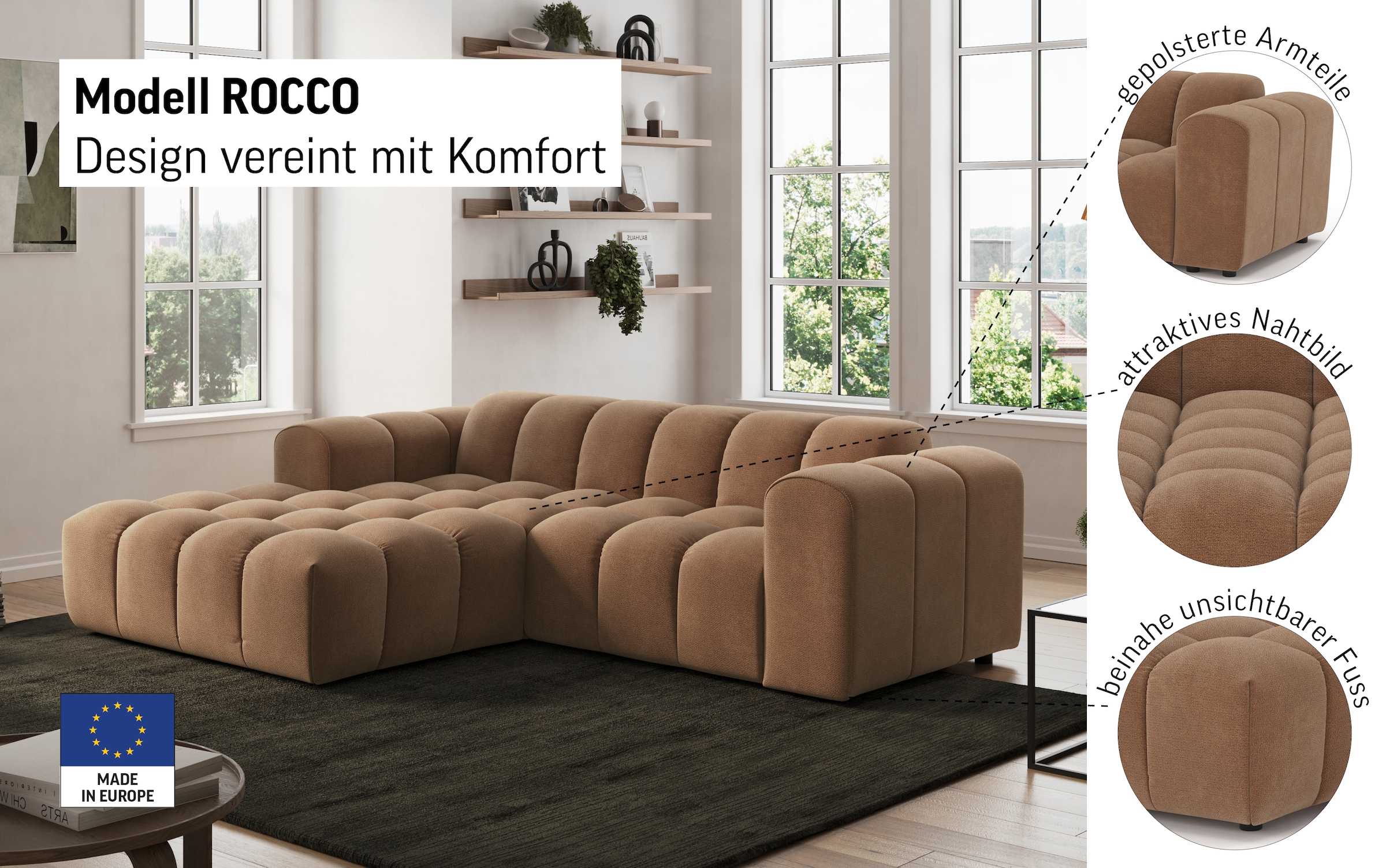 GOODproduct Canapé d'angle »Rocco L-Form, B: 248 cm, modernes Bubble-Sofa, grosszügiger Sitzkomfort« caractère de salon modulable, librement positionnable, design moderne