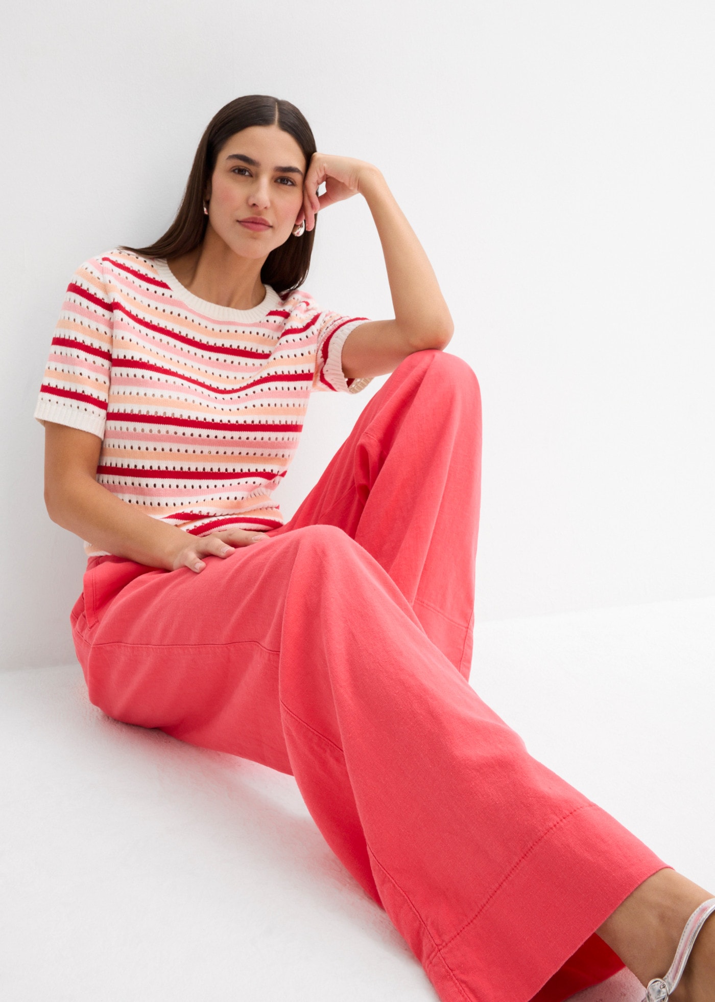 bonprix Pantalon paperbag  jambe large, en lin et viscose, avec ceinture corde, coupe décontractée