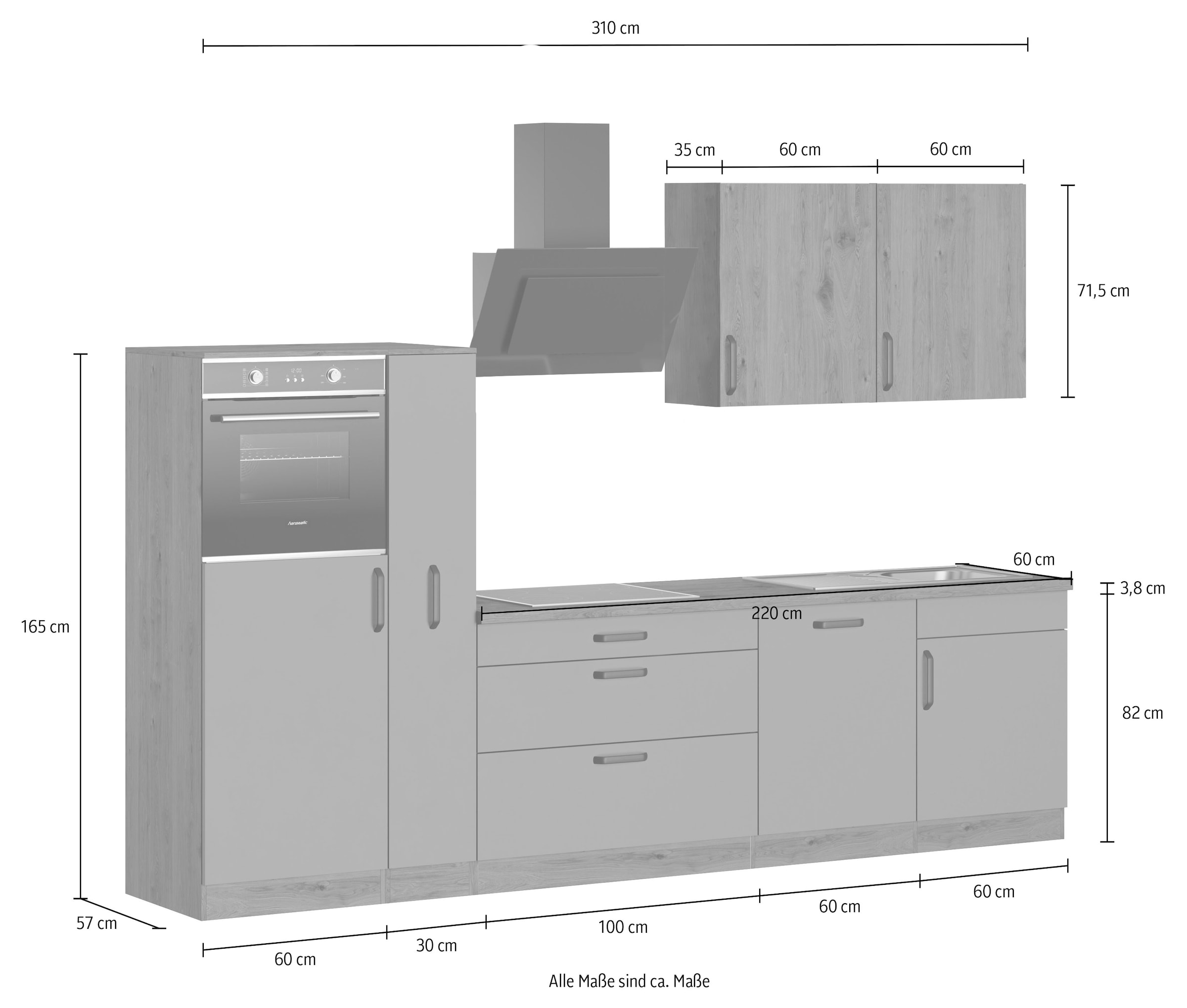 wiho Küchen Küchenzeile »Elba, TOPSELLER« wahlweise mit Hanseatic E-Geräten, Breite 310 cm