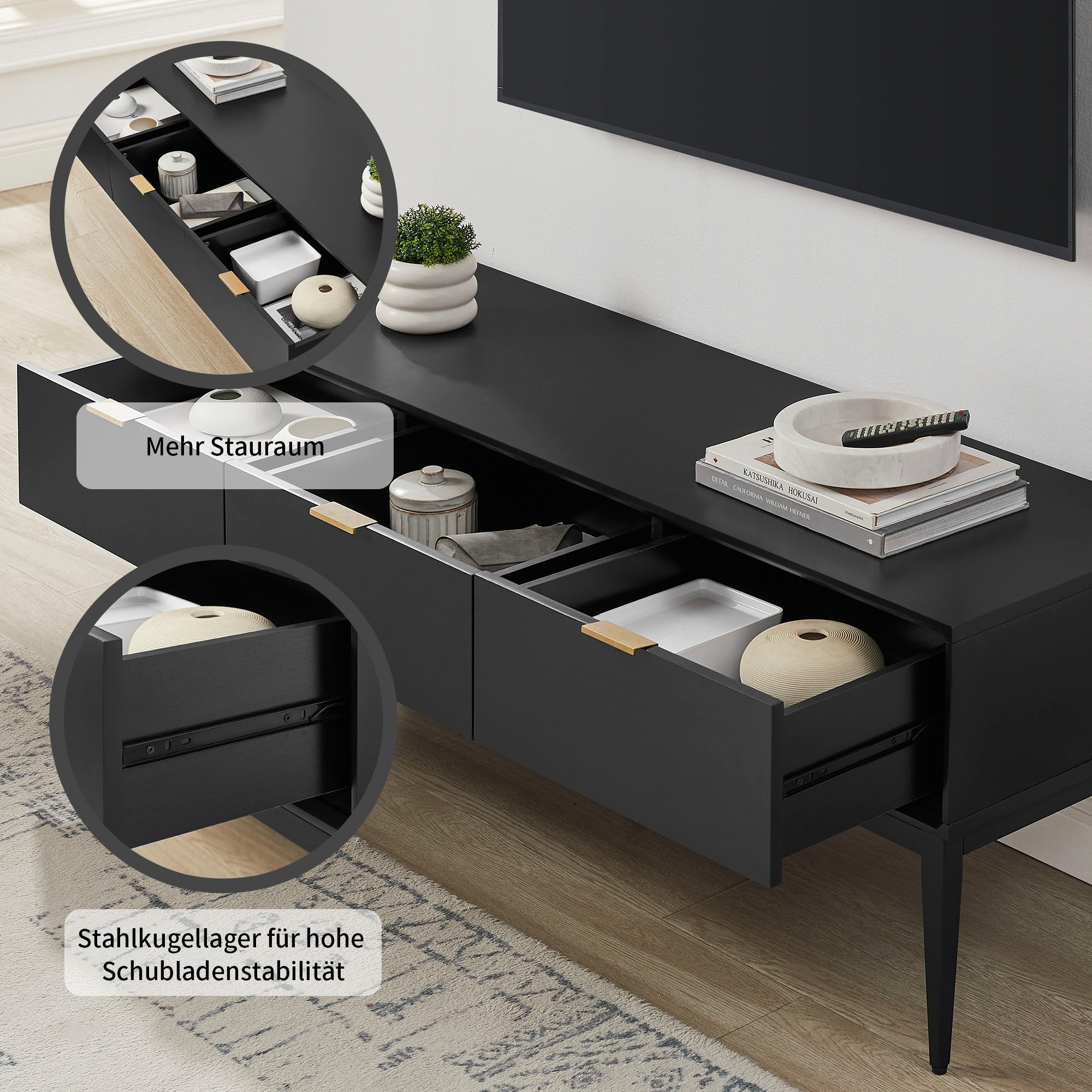 Leonique TV-Board »Lavisha« FSC-zertifiziertes Holz kombiniert Melamin, verchromten Metallgriffen