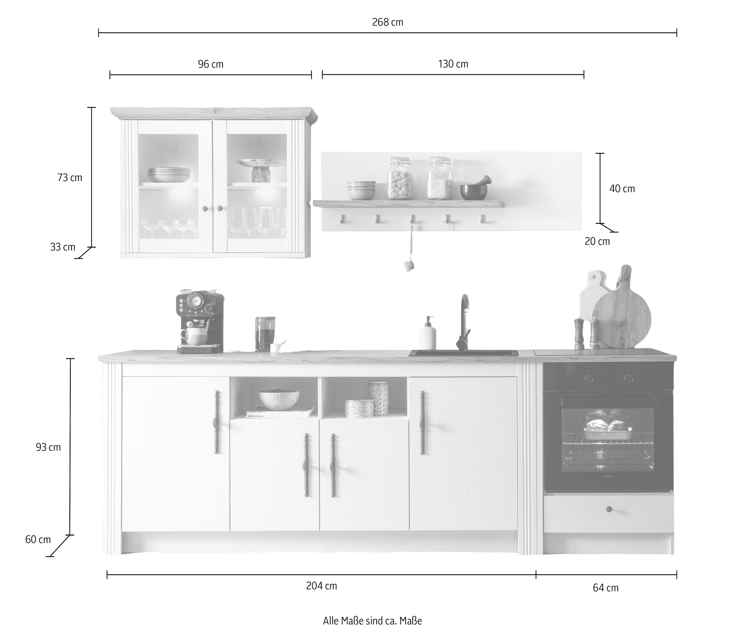 GOODproduct Kitchenette »KS-Westminster, Pantryküche im Landhaus Stil, hochwertige Metallgriffe« Ensemble,  Largeur 268 cm, buffet, panneau mural, armoire suspendue et habillage de cuisinière