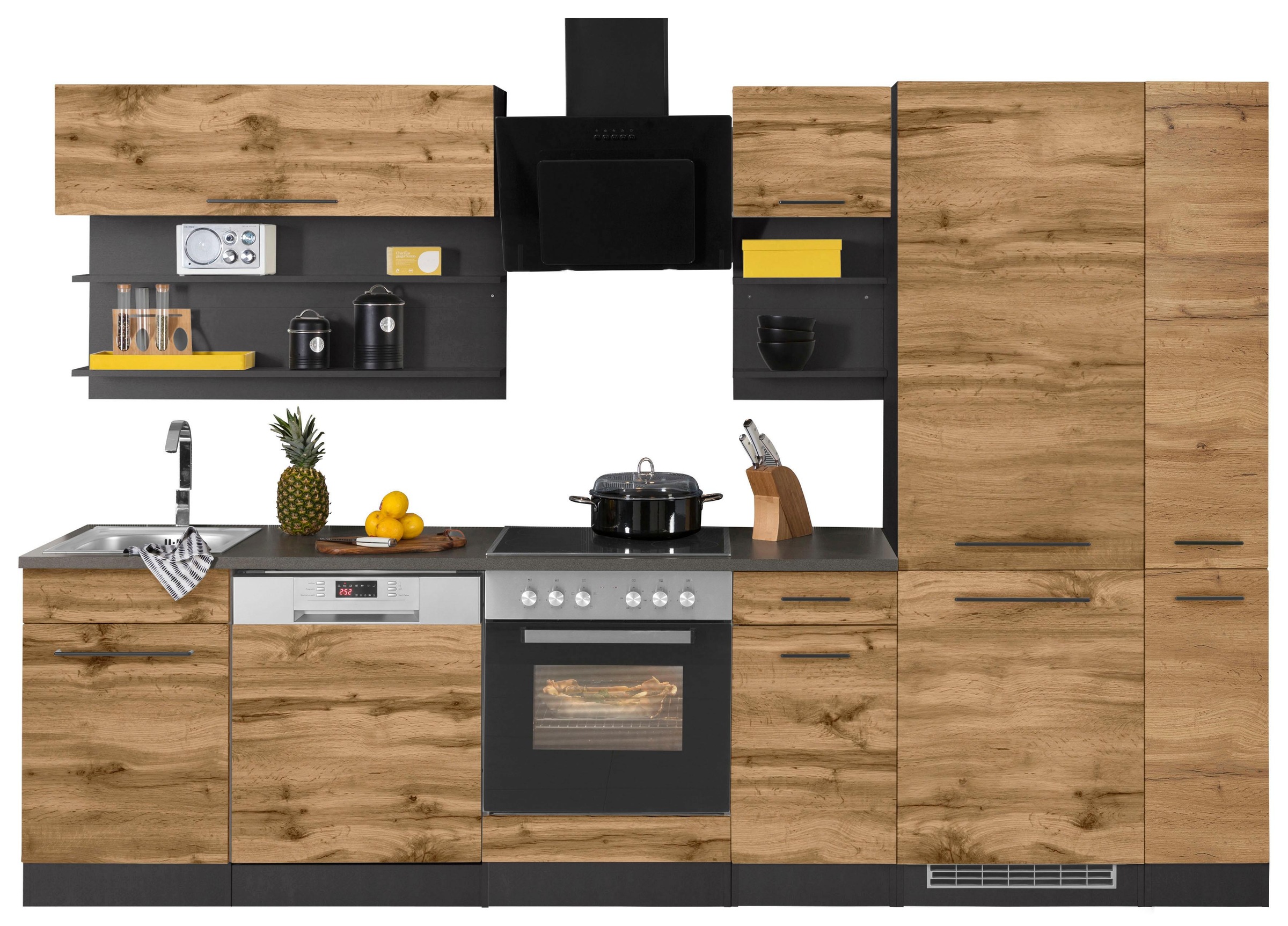 KOCHSTATION Küchenzeile »KS-Tulsa« ohne E-Geräte, Breite 300 cm, schwarze Metallgriffe, MDF Fronten
