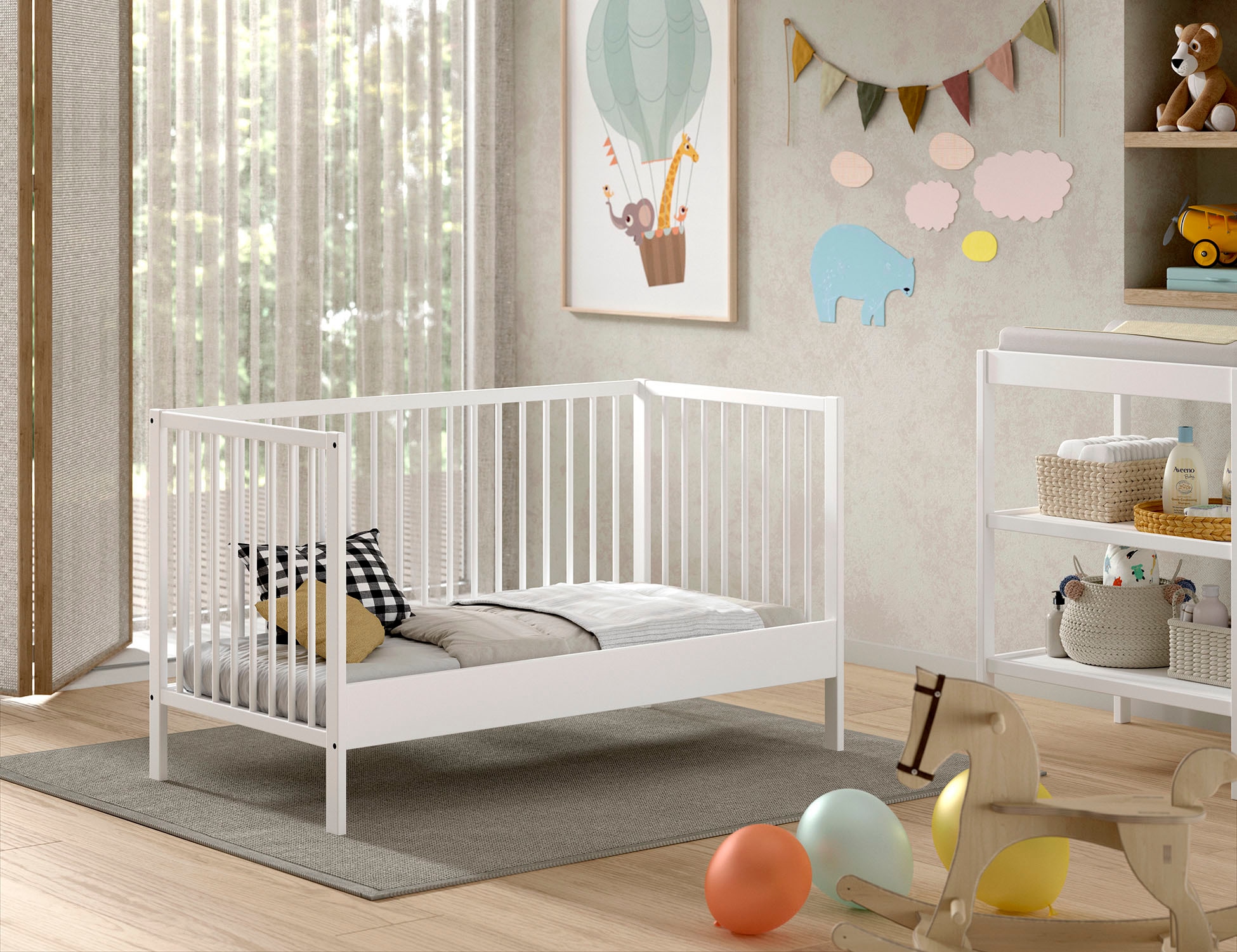 Vipack Lit bébé »Dino 70/140 mit 3-fach verstellb. Lattenrost, inkl. 3 Schlupfsprossen« en hêtre massif, convertible en lit junior, au choix en 3 couleurs