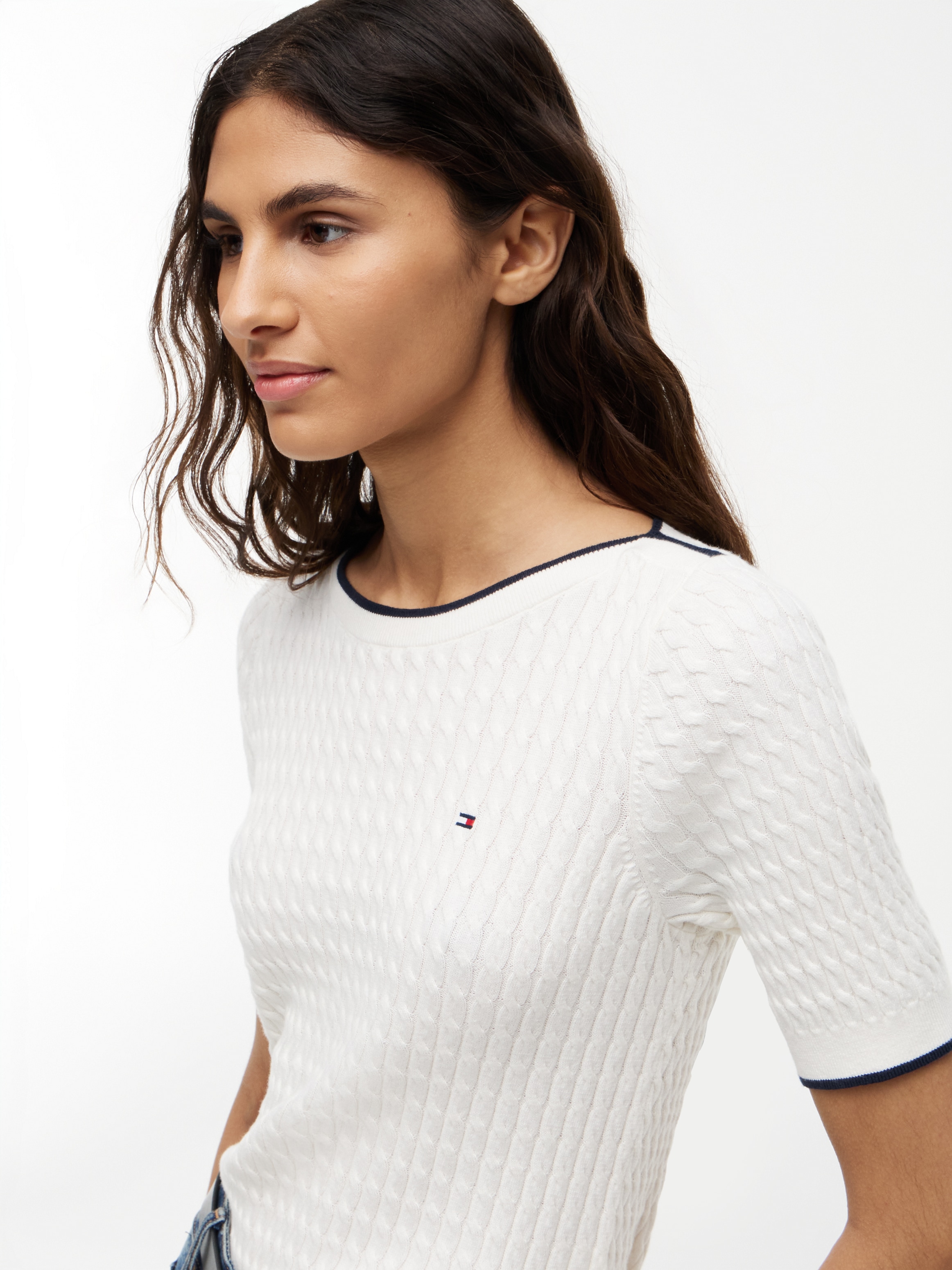 Tommy Hilfiger Pull à manches courtes »FINE GG CABLE BOAT NK S/S« Baumwolle, mit Zopfstrickmuster
