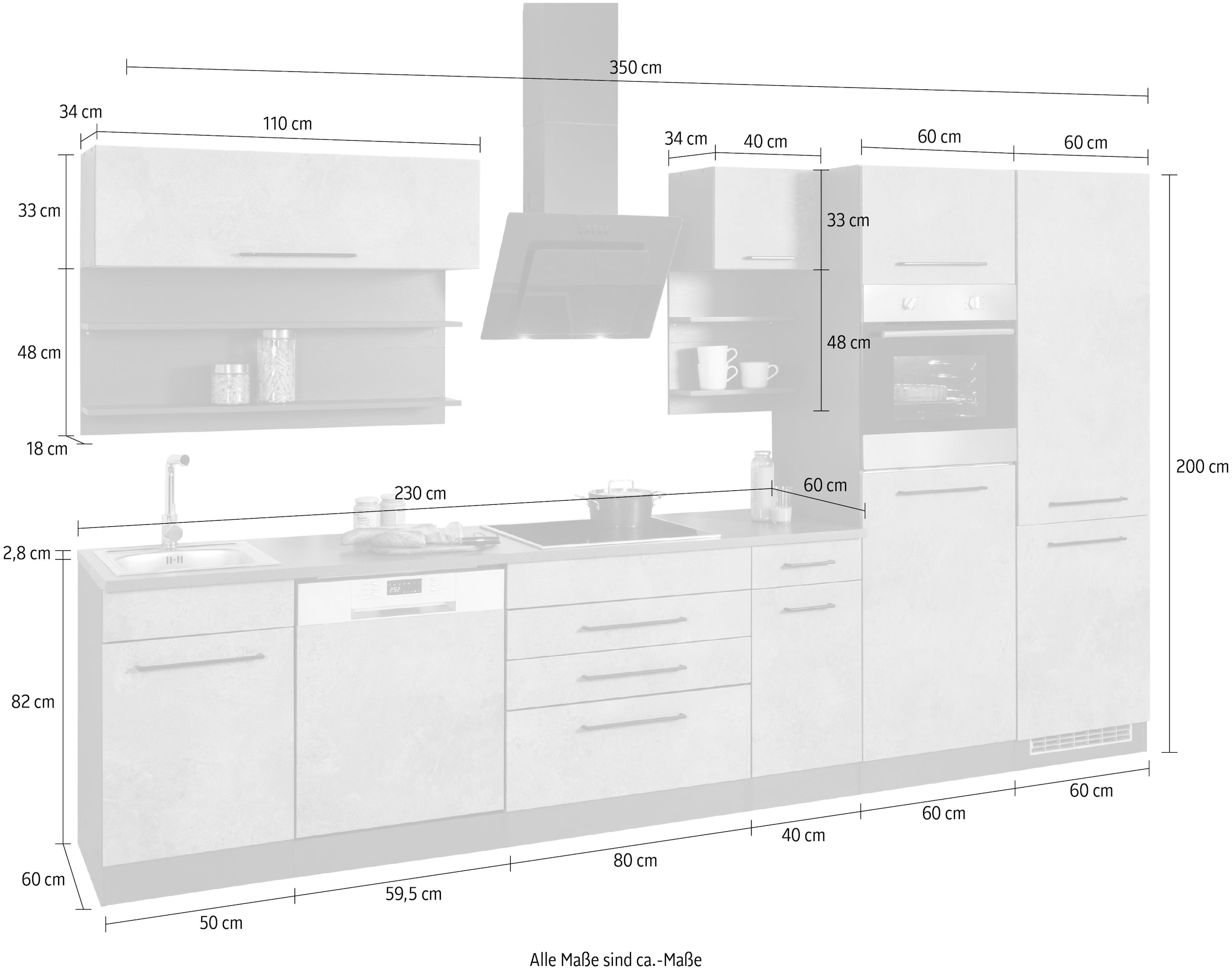 KOCHSTATION Küchenzeile »KS-Tulsa« ohne E-Geräte, Breite 350 cm, schwarze Metallgriffe, MDF Fronten
