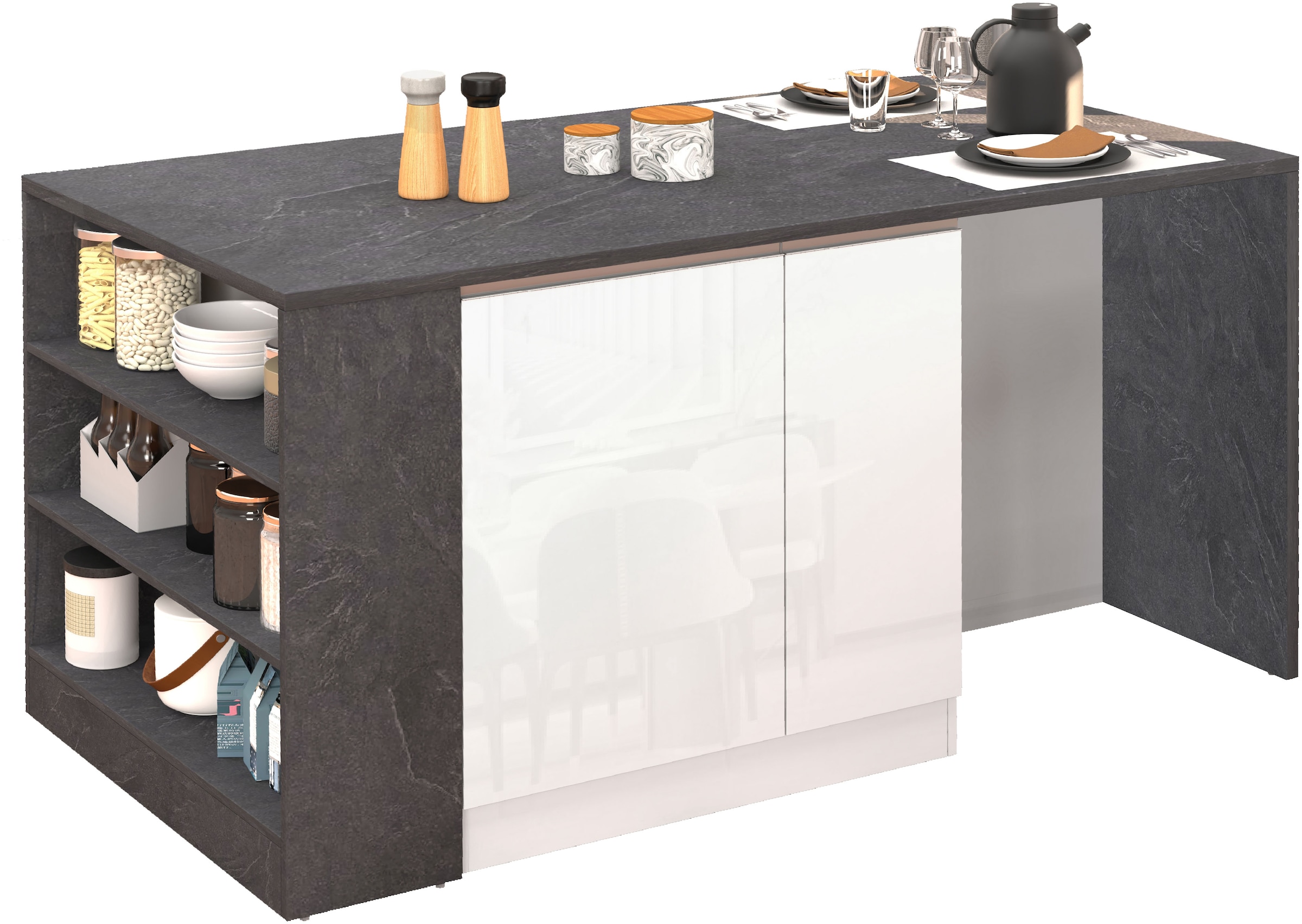 KOCHSTATION Ilot de cuisine »KS-Sole, Kochinsel, Küchenarbeitsblock, Arbeitsinsel, Made in Italy« Breite 167,5 cm, 2 Apothekerauszüge, 2 Essplätze, 1 offenes Regal