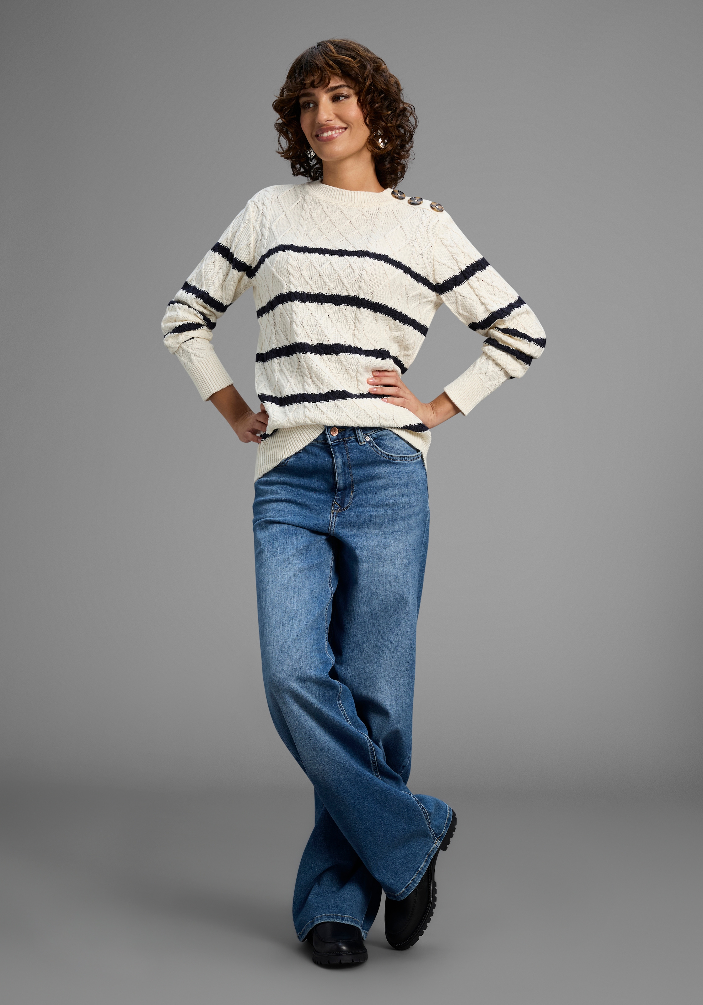 Laura Scott Pull à col rond Übergangspullover mit Zopfmuster und Streifen - NEUE KOLLEKTION