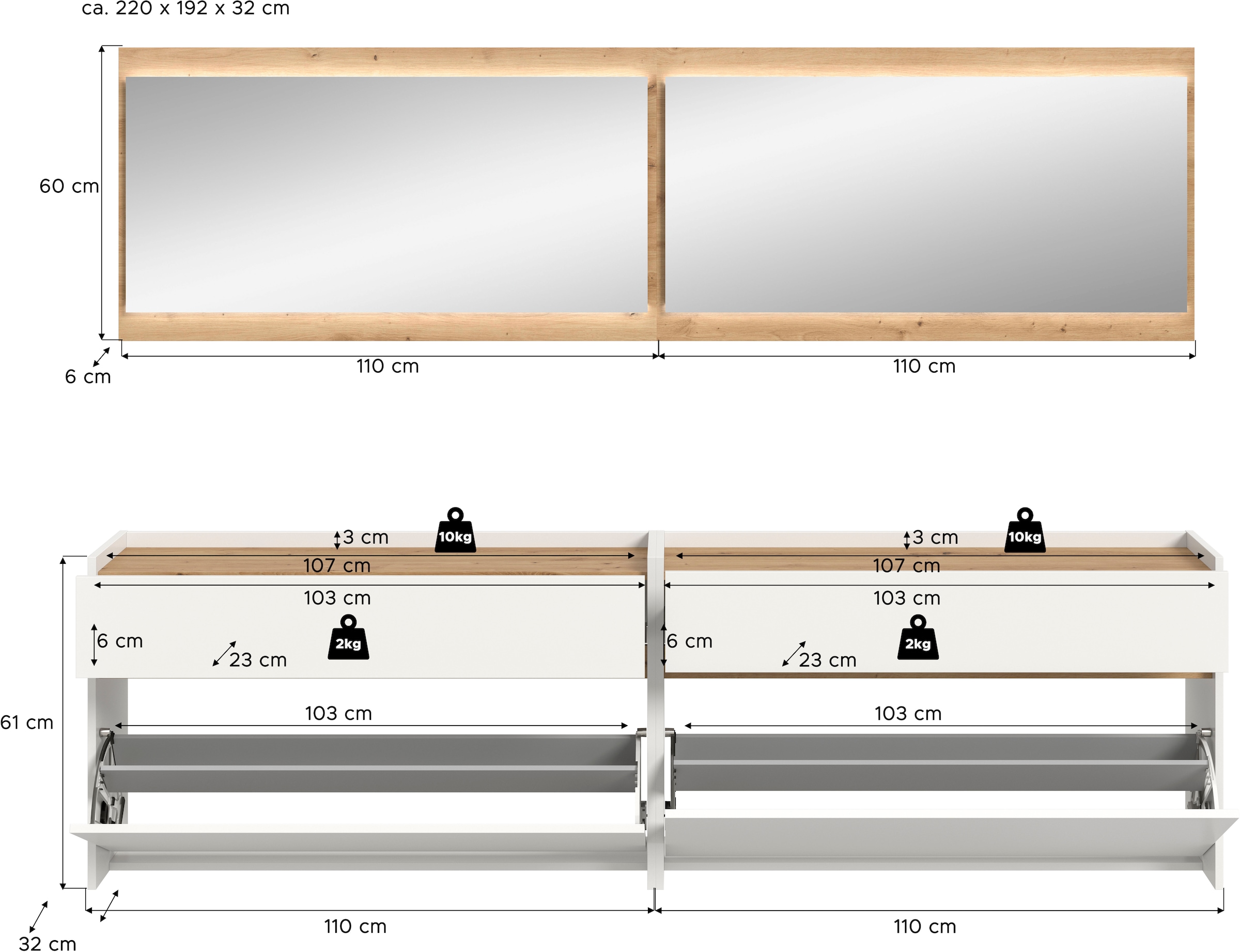 INOSIGN Ensemble de vestiaires »EVRID, 4-teilig, Breite 220 cm, inkl. Beleuchtung« best. aus: 2x Kommode und 2x Spiegel, 4 cuis tlg.