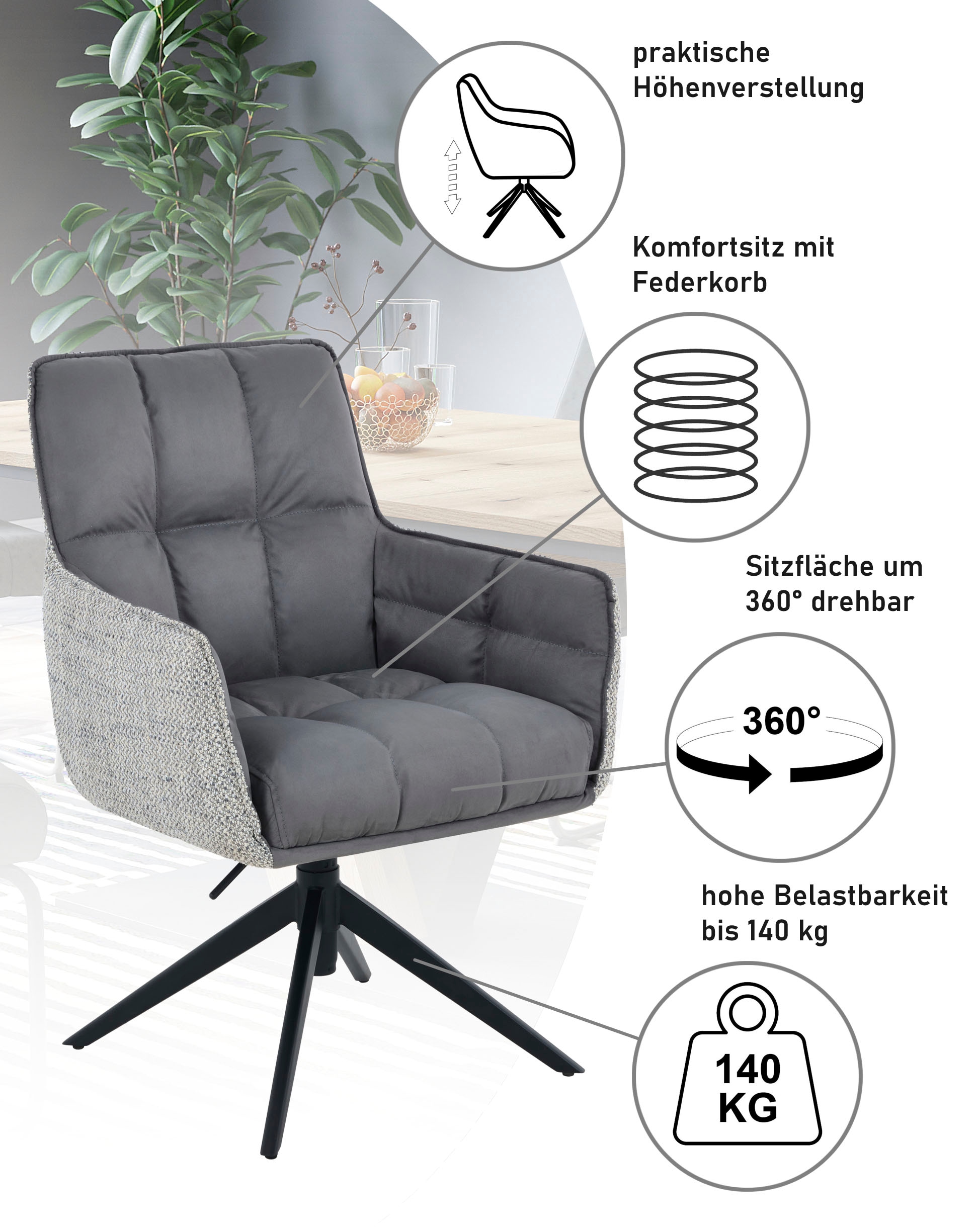 HELA Chaise pivotante »POMBA« () 1 cuispivotant à 360°, réglable en hauteur, suspension à ressort, accoudoirs, supporte 140kg