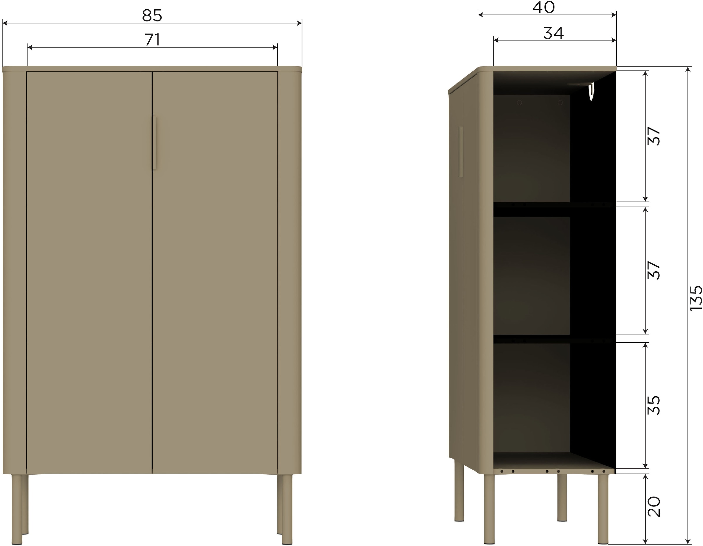 WOOOD Highboard »Gunnar FSC®-Mix Massivkiefer mit Dämpfung Funktion, 85 x 39 x 135 cm« Abgerundete Ecken, Tragkraft 15 kg pro Einlegeboden,sichtbare Maserung