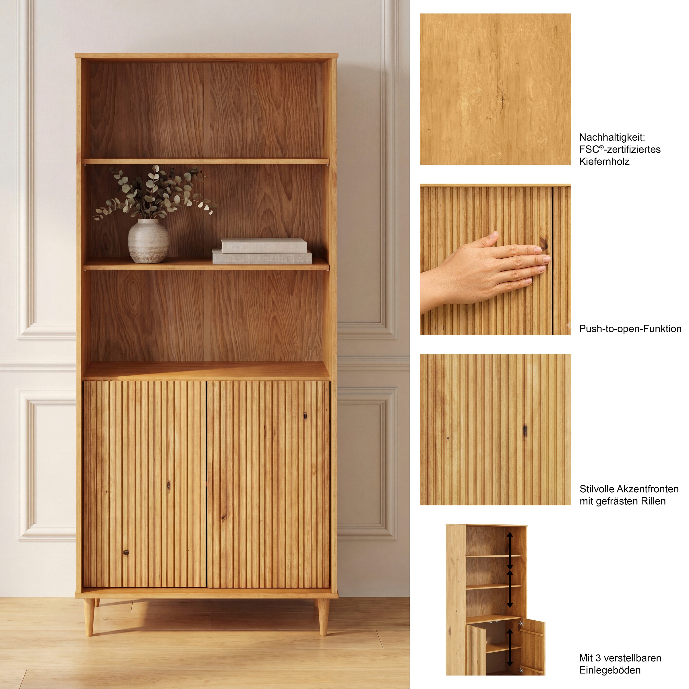 GOODproduct Bücherregal »Malmedy Front mit gefrästen Rillen« Bücherschrank aus massivem Kiefernholz, Push-to-open, FSC, B: 80 cm